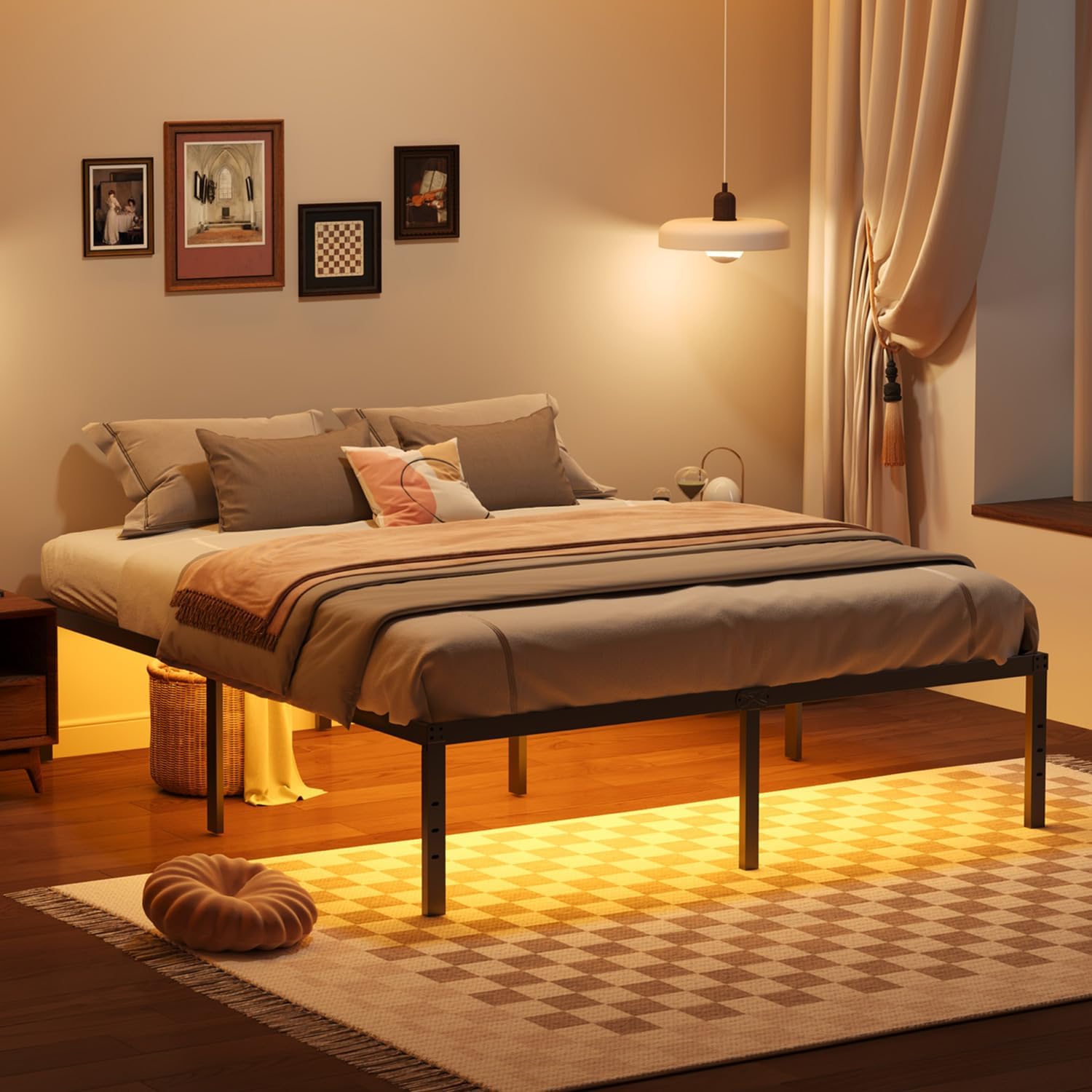 Bed Frame with LED 14 inch King Size Bedframe with Outlets Heavy Duty Basic Metal Slats Platform Noise