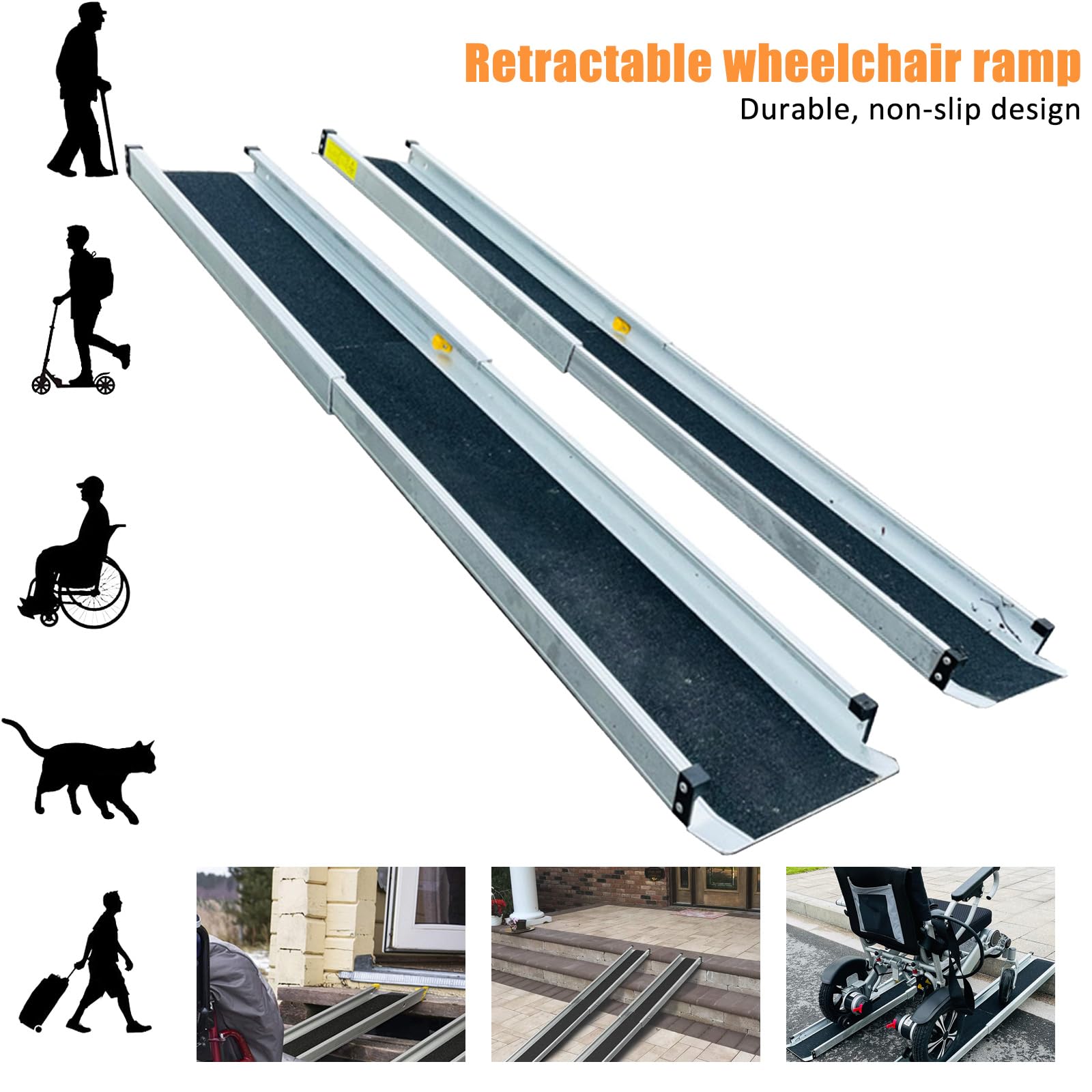 Rampa Telescópica para Silla De Ruedas De 2,13 M (7 Pies) Ajustable, Portátil, De Aluminio, con Umbral, Plegable, para Scooter De Movilidad, con Superficie Antideslizante, 7FT