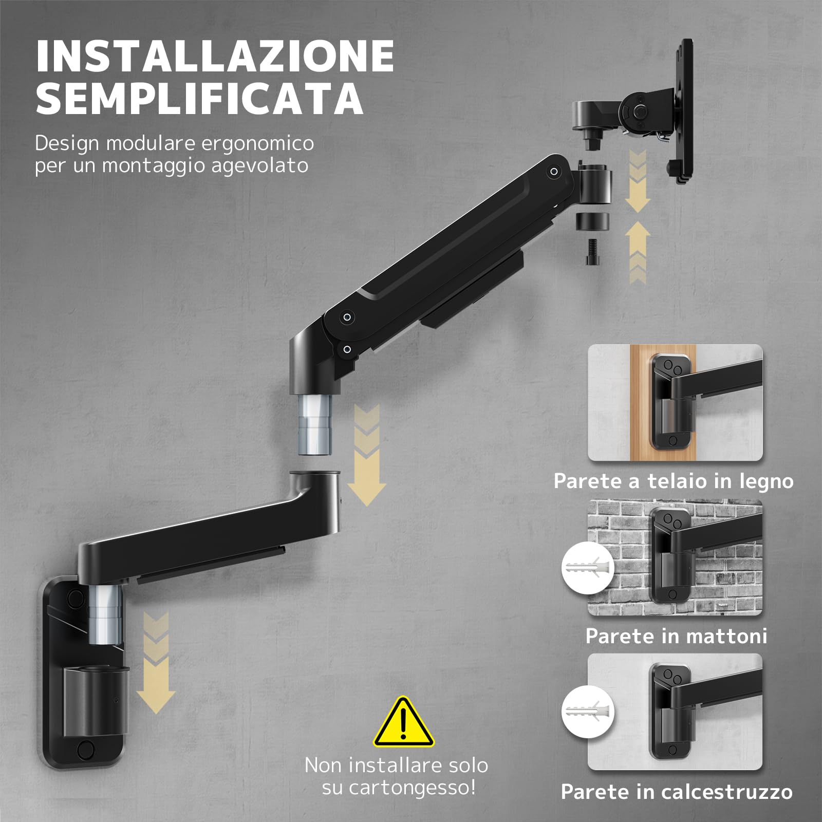 Supporto Monitor Muro per Monitor 17-49 Pollici, Braccio Monitor Muro Singolo con Molla a Gas Ergonomico Regolabile in Altezza, Rotazione e Inclinabile, Fino a 20kg, VESA 75/100 mm, Nero
