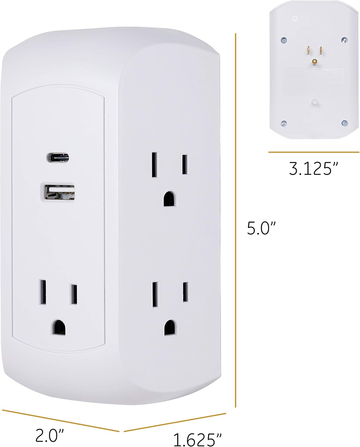 GE UltraPro 5-Outlet Extender with USB and USB-C Port, Surge Protector, Spaced Wall Tap, Side-Access, Charging Station, for iPhone/iPad/Samsung Galaxy/Google Pixel, 560 Joules, UL Listed, White, 43650