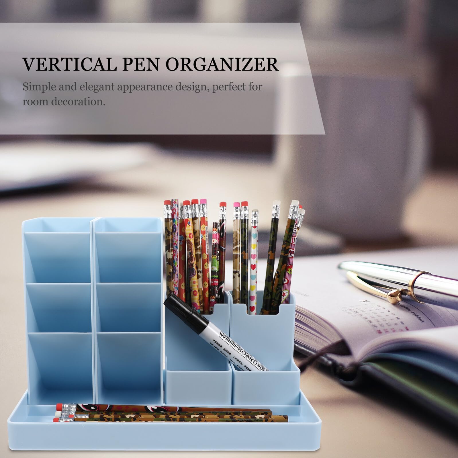 Portalápices y de Abs Vertical Azul Compartimentos Variados Organizador de Bolígrafos y Papelería Espacio de Trabajo Elegante y Funcional para Oficina, Escuela