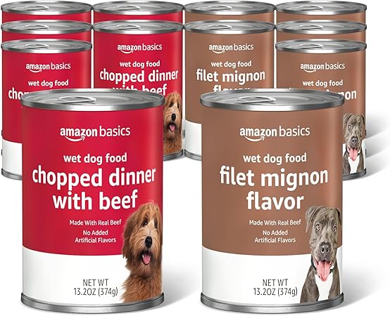 Amazon Basics Chopped Ground Dinner Wet Dog Food Variety Pack, Chicken and Rice Flavor and Chopped Dinner with Chicken, Made with Natural Ingredients, 13.2oz Cans (Pack of 12)