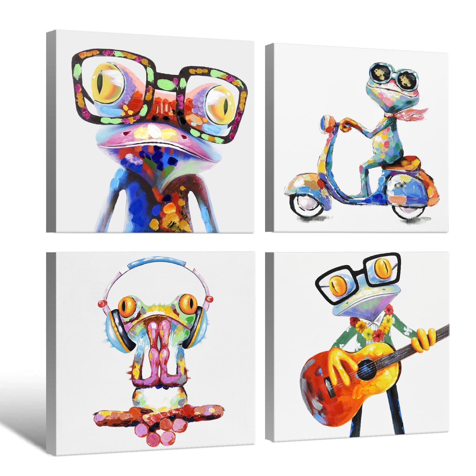 Happy Frog Animal with Glasses Canvas Wall Art Frog Painting Poster Wall Decor Colorful Funny Animal Wall Art for Kids Room Bedroom Bathroom Modern Home Decor 12x12Inchx4pcs