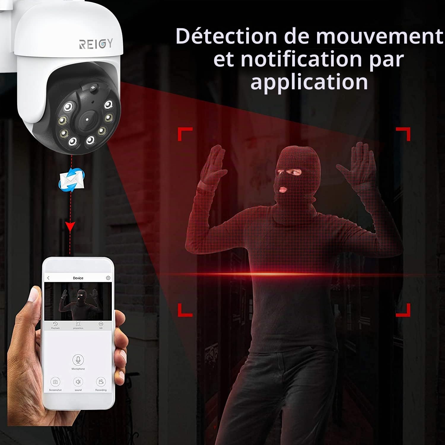REIGY 3MP Caméra de Surveillance WiFi Extérieure PT 360 1296P IP Caméra de Sécurité sans Fil avec Détection de Mouvements Vision Nocturne en Couleur Audio Bidirectionnel Etanche IP66 Interieur