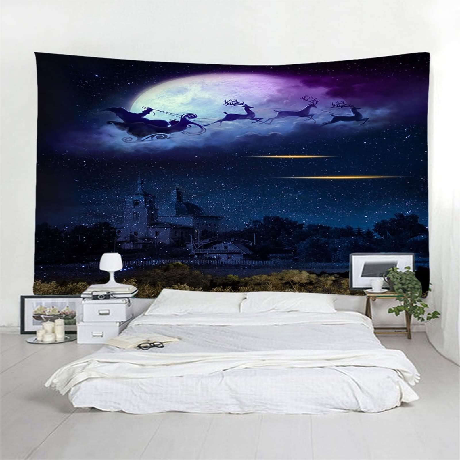 Wandbehang Weihnachten, Wandbehang Wohnzimmer Weihnachtsmann Elchschlittennacht Dunkelblau Polyester 350X256cm