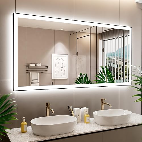 Miniatura 54 de Espejo de baño LED de 20x28 pulgadas con marco negro, espejos de baño retroiluminados y con luz frontal para pared, antiempañamiento, regulable, con