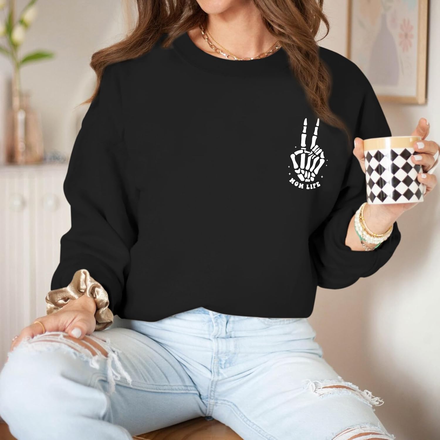 Mom Life Sweatshirt Mama Sweatshirts for Women Skeleton Halloween Long Sleeve Shirt Rock Crewneck Graphic Pullover - Image 2