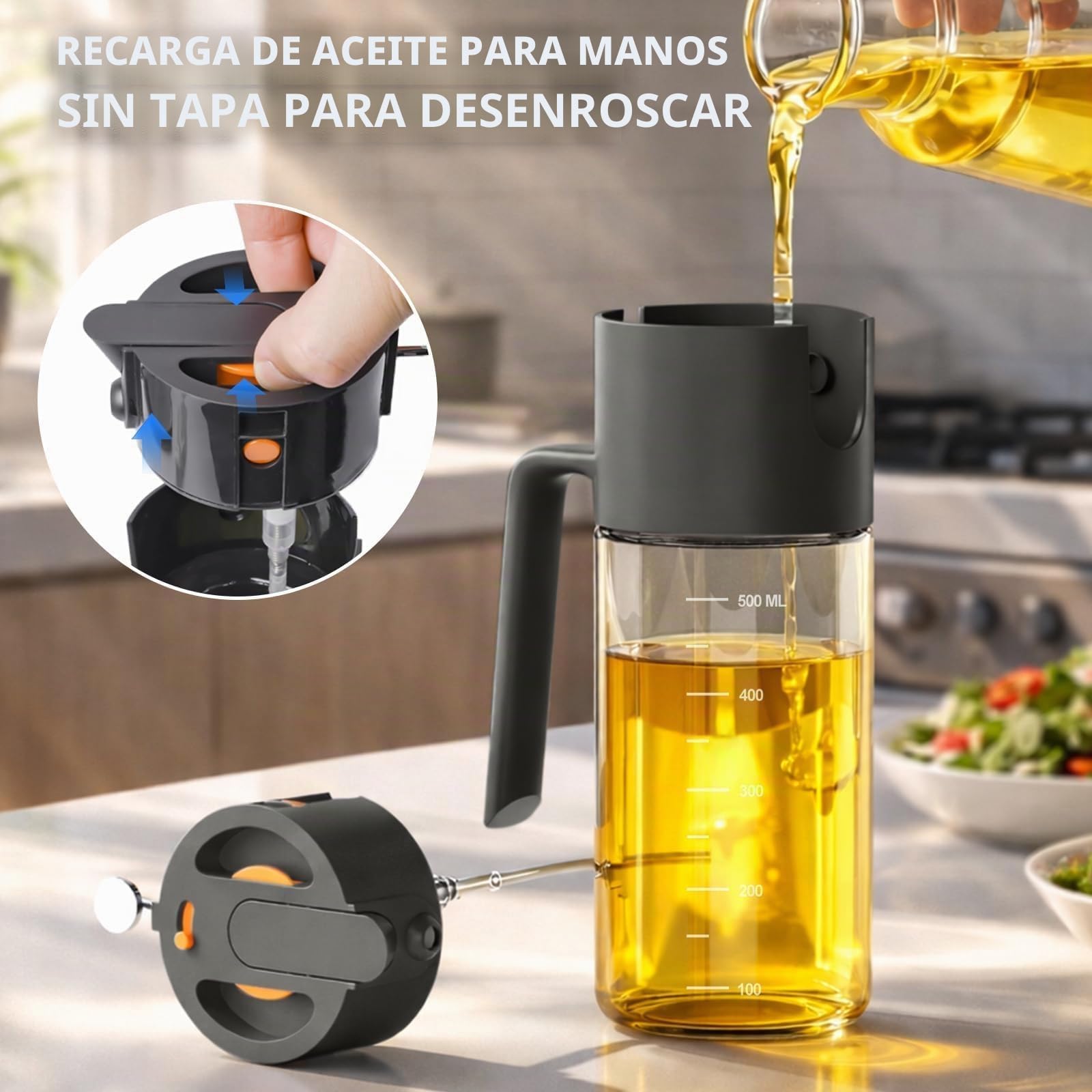 Costop Pulverizador profesional de aceite de vidrio de 500 ml, herramienta de cocina 3 en 1: niebla fina, flujo y vertido, diseño a prueba de fugas para freidora de aire, barbacoa y cocina, sin BPA
