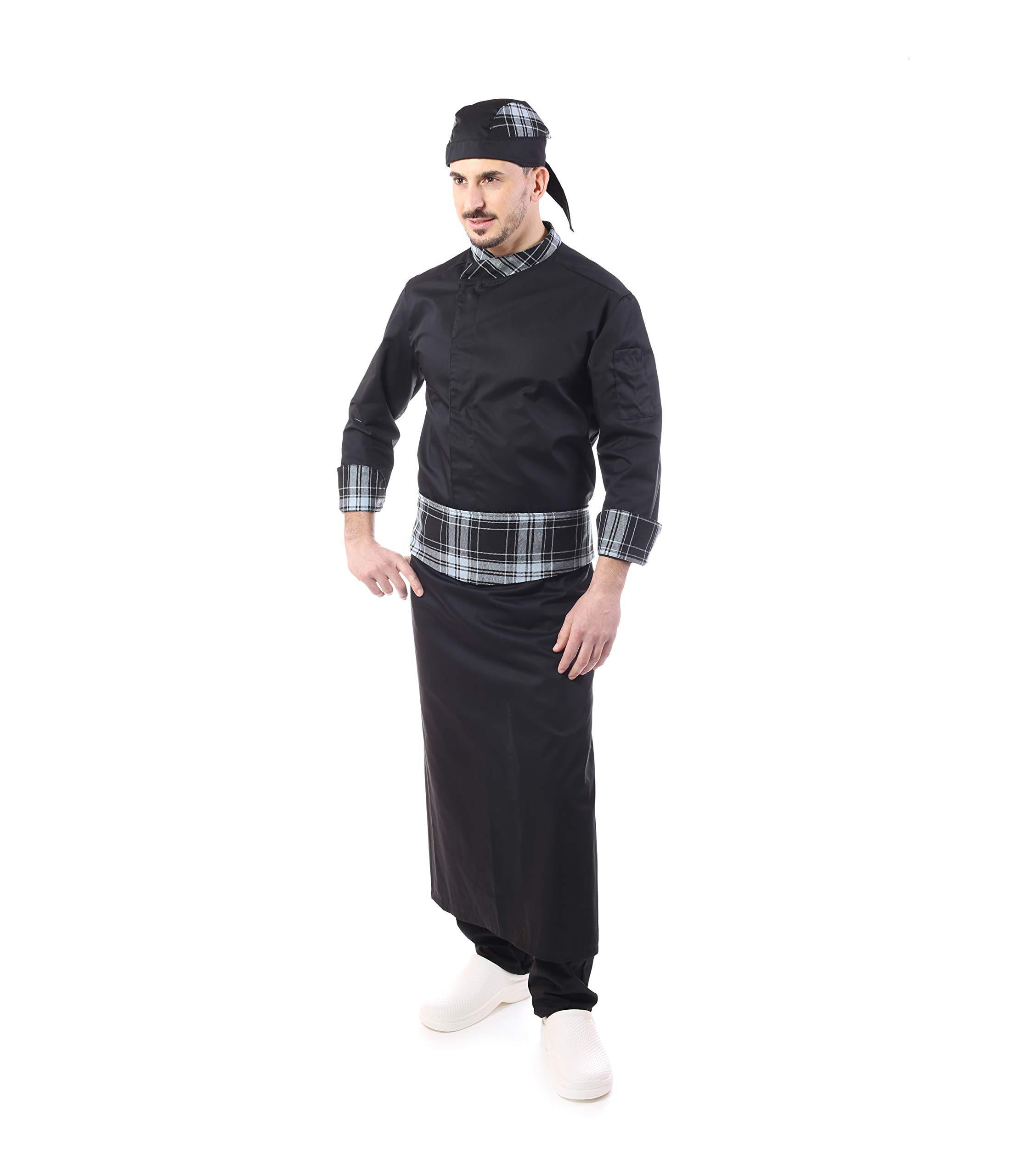 Bordado gratuito, conjunto de cocinero escocés, uniforme para hombre Chef, 4 piezas, chaqueta pantalón delantero, bandana, para cocina y restaurante, fabricado en Italia Scozzese