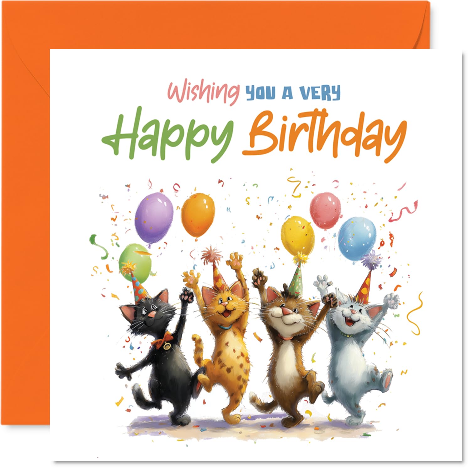 Playful Birthday Card - Bursting with Birthday Cheer - Four Festive Cats with Balloons and Confetti - 145mm Square, Envelope Included