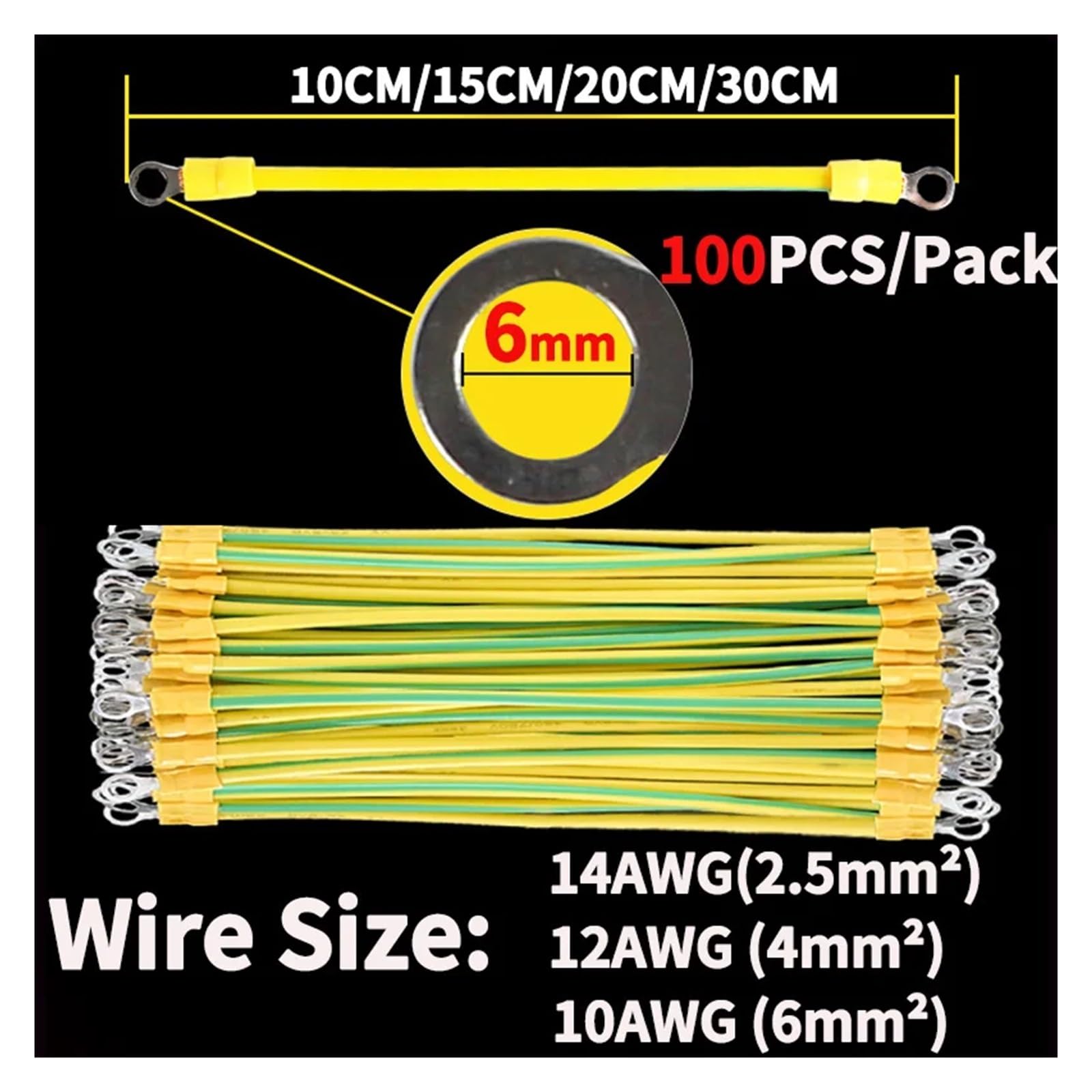 BVR Solarny fotowoltaiczny przewód uziemiający 100 szt. PV z zaciskiem 14/12/10AWG otwór 5/6/8mm żółto-zielony kabel miedziany)(Hole Size 6MM,30CM12AWG(4MM2))