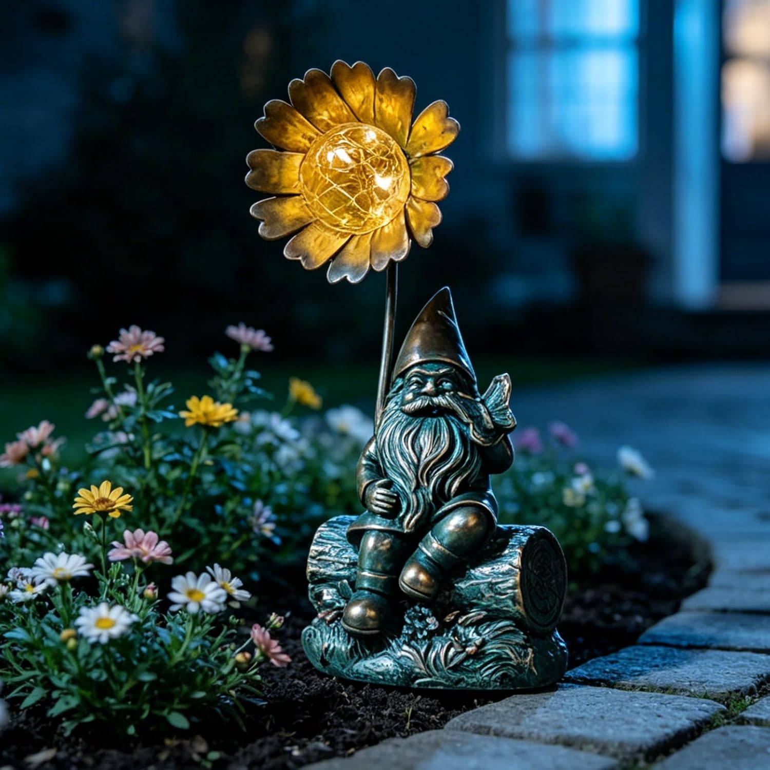 Solar Gnome Sculpture with Butterfly on Hand, Wood Base & Iron Flower Glass Ball for Outdoor Garden