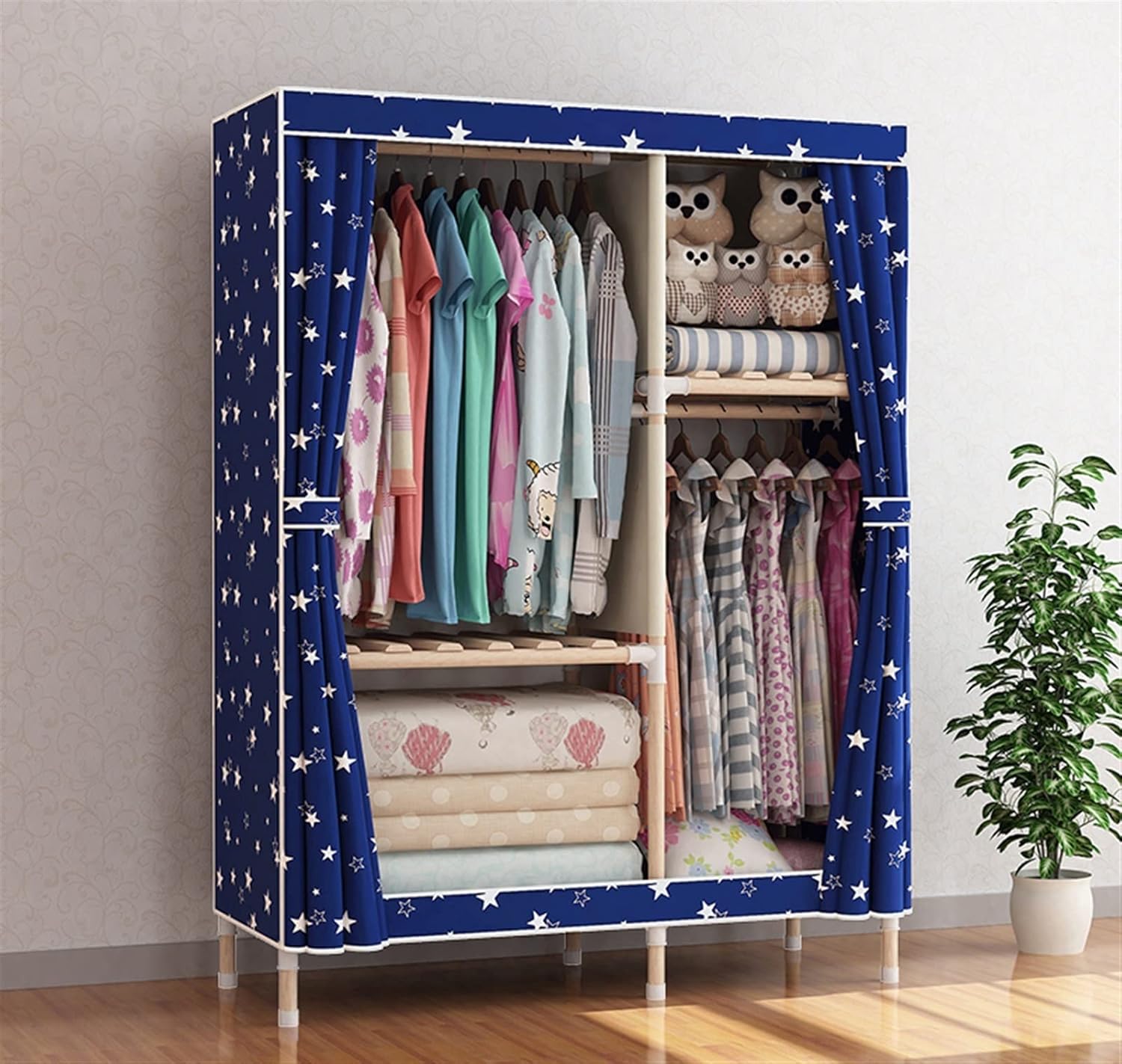 Combined Closet 105cm Clothes Closet Portable Bedroom Armoire DIY Storage Organizer Assembled Fabric Wardrobe Combination Closet(Blue Castle)