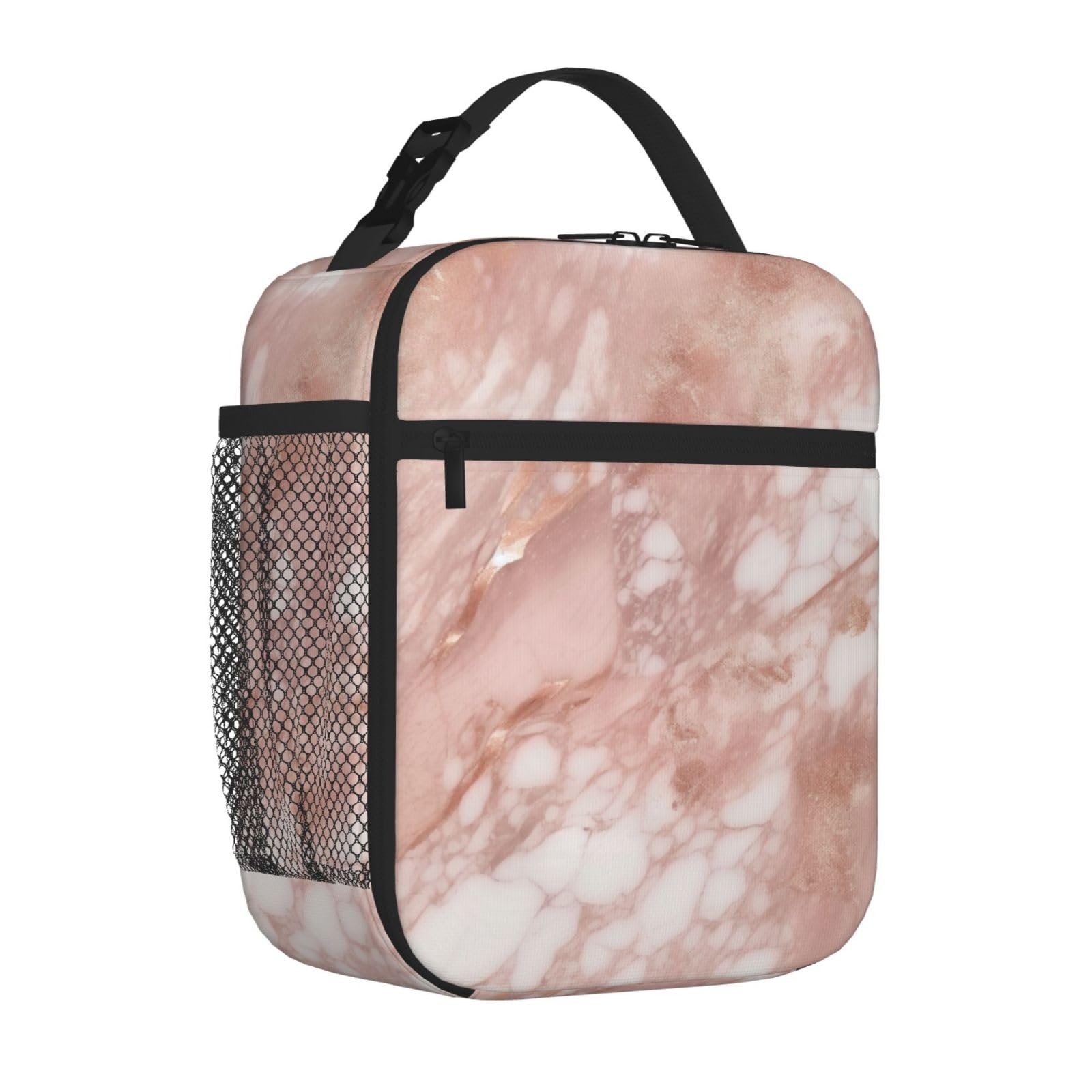 UNIOND Insulated Lunch Bag With Side Pocket Durable Rose Gold Marble Lunch Box For Women Reusable Lunch Tote Bag