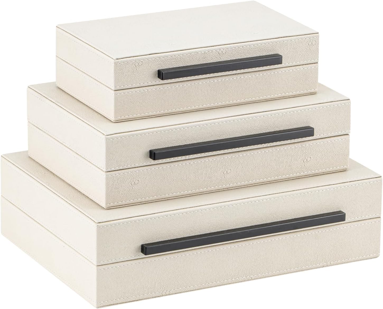 XIGEXIGE Set of 3 Beige Shagreen Decorative Storage Boxes with Black Metal Handles –Faux Leather Large Modern Stackable Nesting Jewelry Box with Lids Organizer