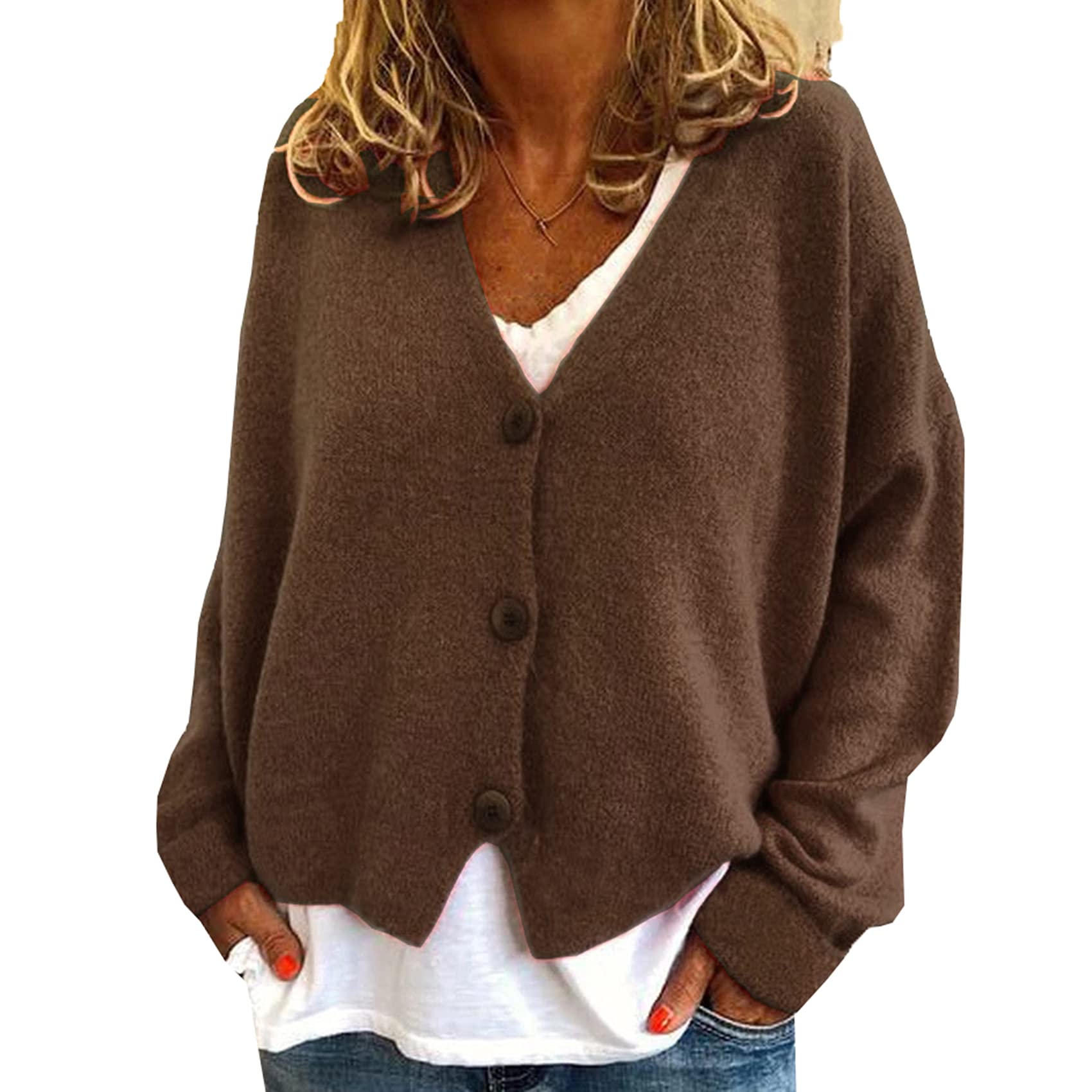 Whzxydn Women's Brown And Winter Fashion Casual Loose Sweater Knitted Cardigan