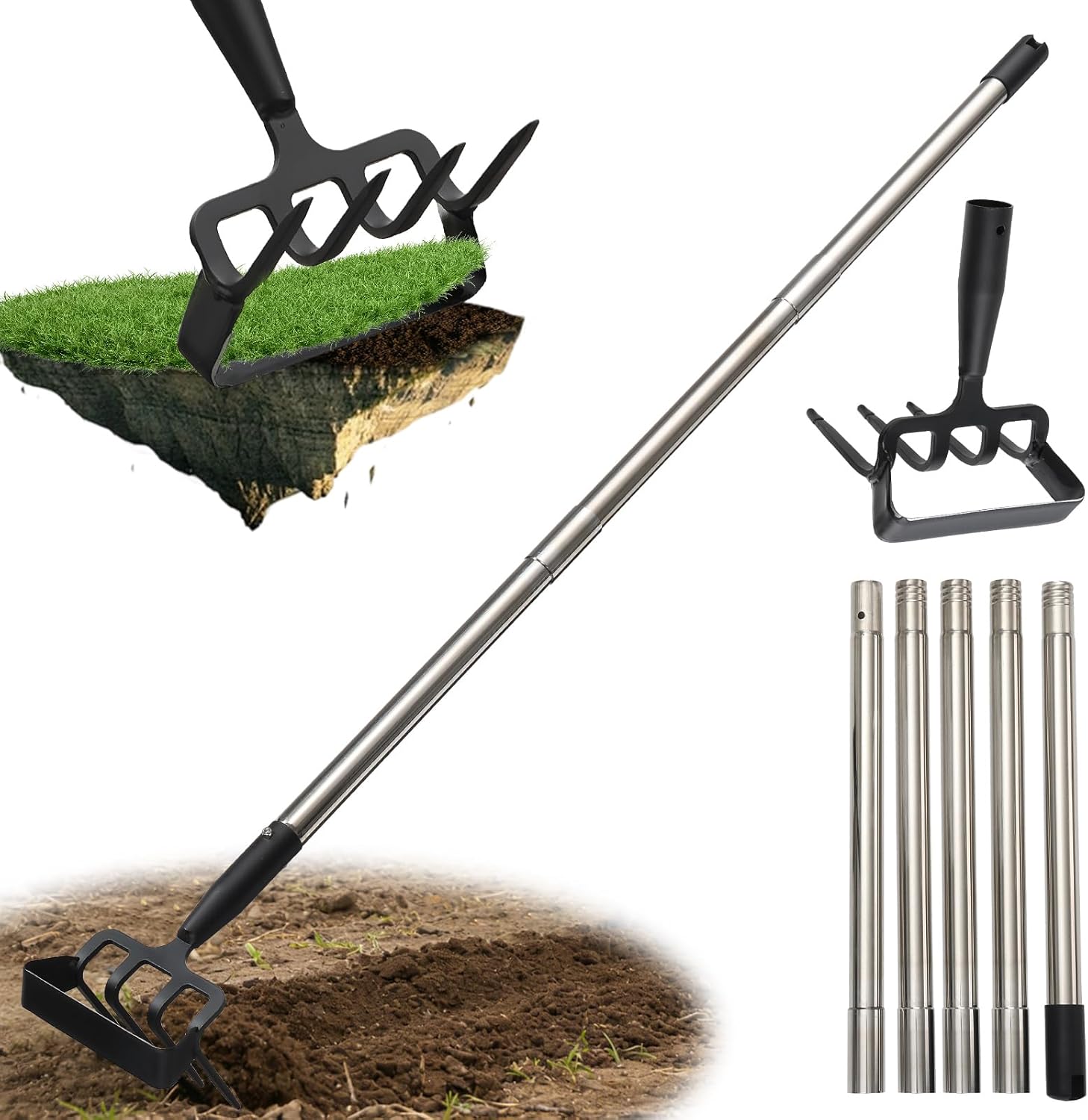 Hoe Garden Tool for Weeding 2-in-1 Heavy Duty Metal Stirrup Hoe 4 Tines Prong Weed Hoe with 25-74 inch Long Adjustable Handle for Women Kids Men