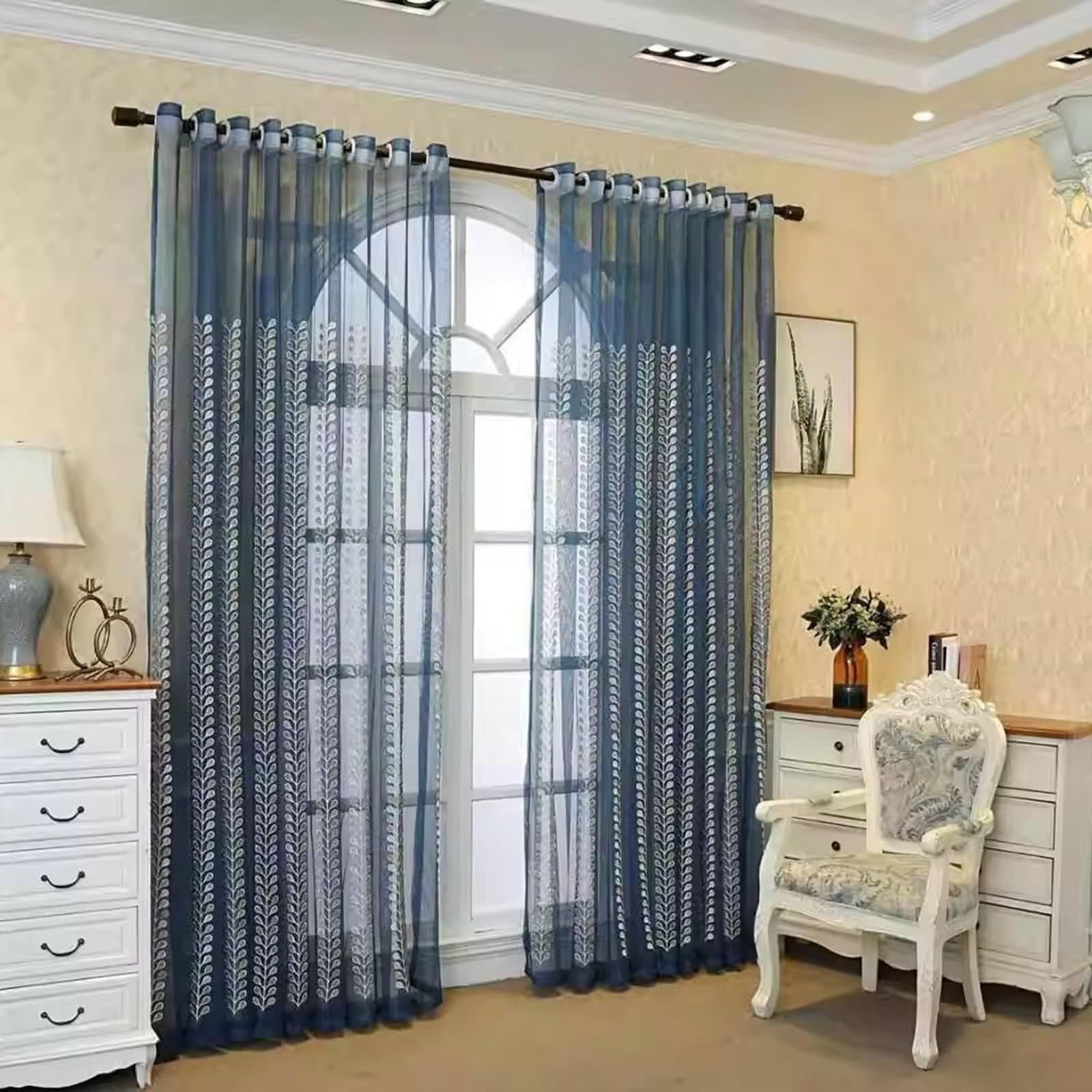 Zasłony do sypialni, niebieskie, 2 sztuki, zasłony do salonu, woal, poliester, półprzezroczyste, z haftem liściowym, szer. x wys. 150 x 270 cm