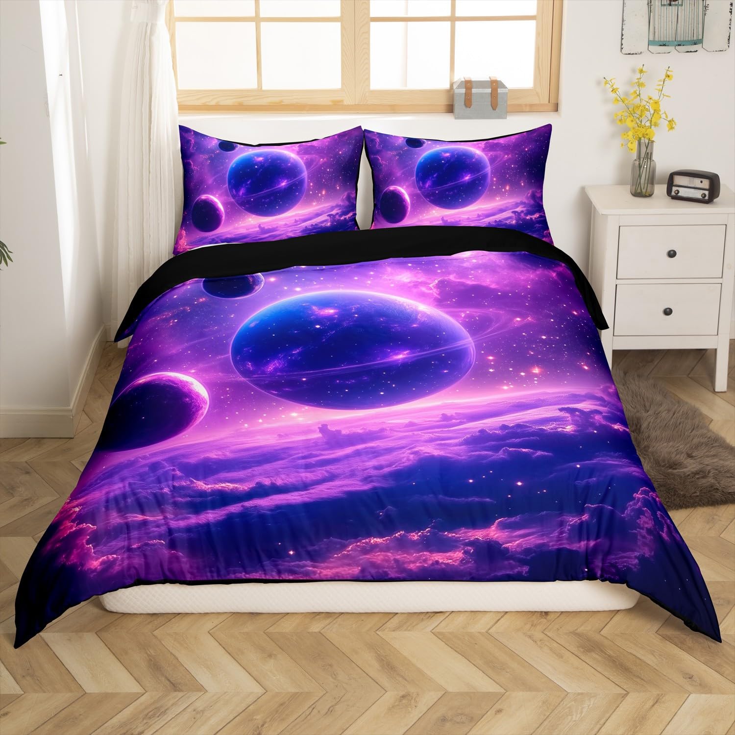 Universe Duvet Cover Queen Size for Kids Boys Teens,Dreamy Planet Purple Nebula 3 Pieces Duvet Cover,Magic Outer Space Landscape Soft Comforter Cover (Not Comforter),Glitter Starry Sky Quilt Cover
