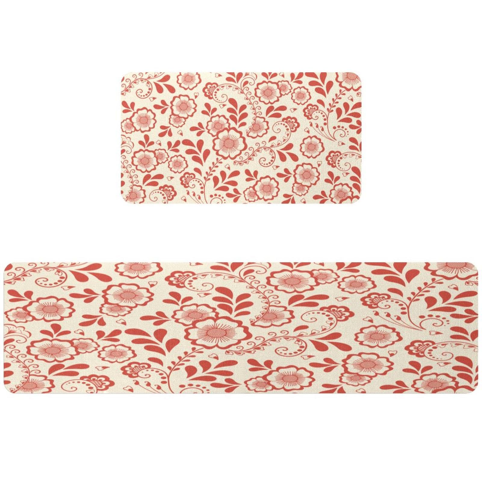 Tapete de cocina antideslizante y lavable VAPOKF de dos piezas con patrón floral rojo coral