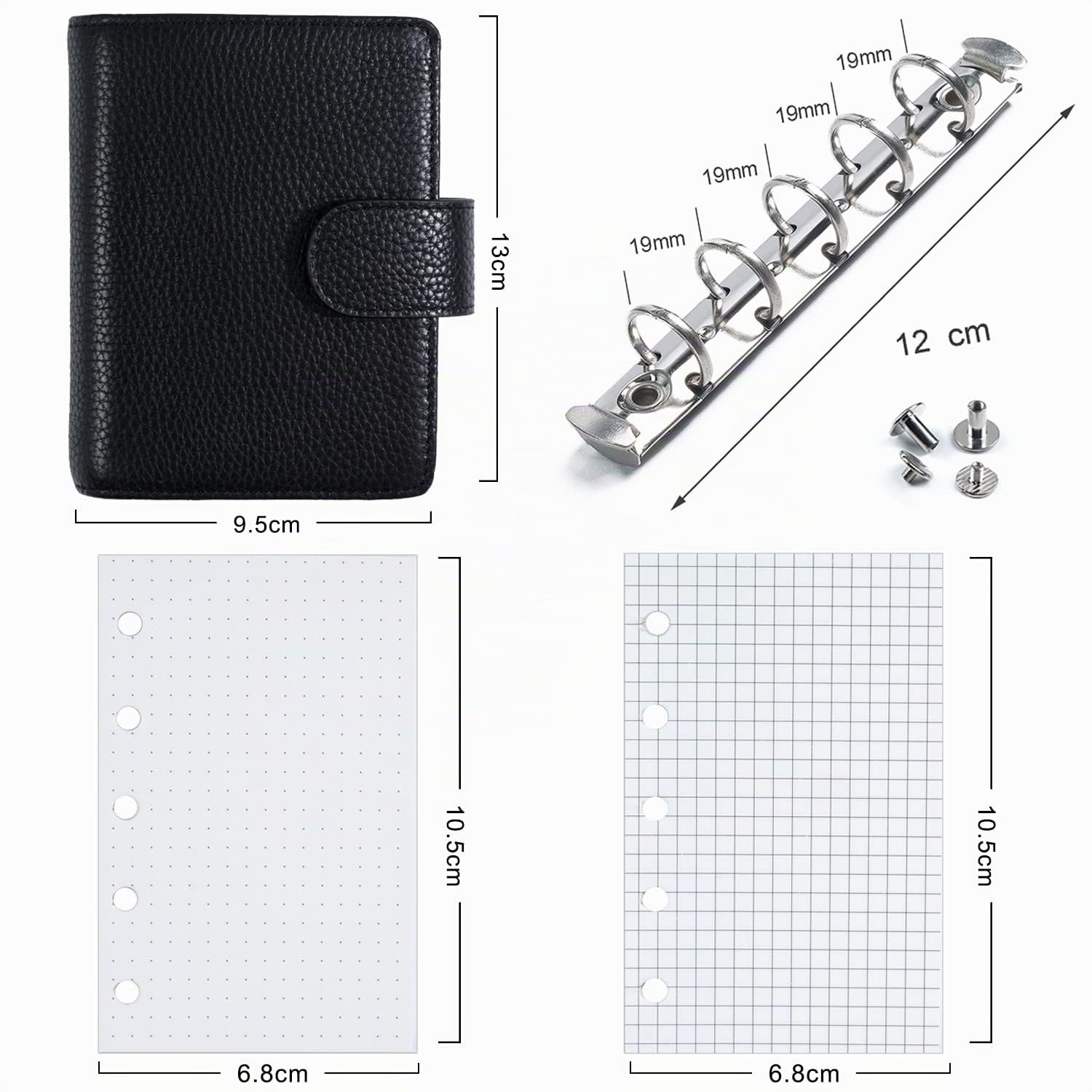 Moterm Agenda ad anelli A8, in vera pelle, colore: nero ghiaia, anello da 15 mm