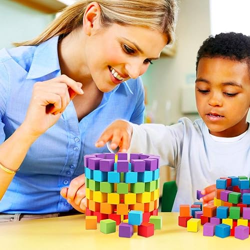 Miniatura 5 de Bloques de cubo, paquete de 200 bloques de construcción de madera cuadrados coloridos, cubos de decoración de baby shower, rompecabezas y