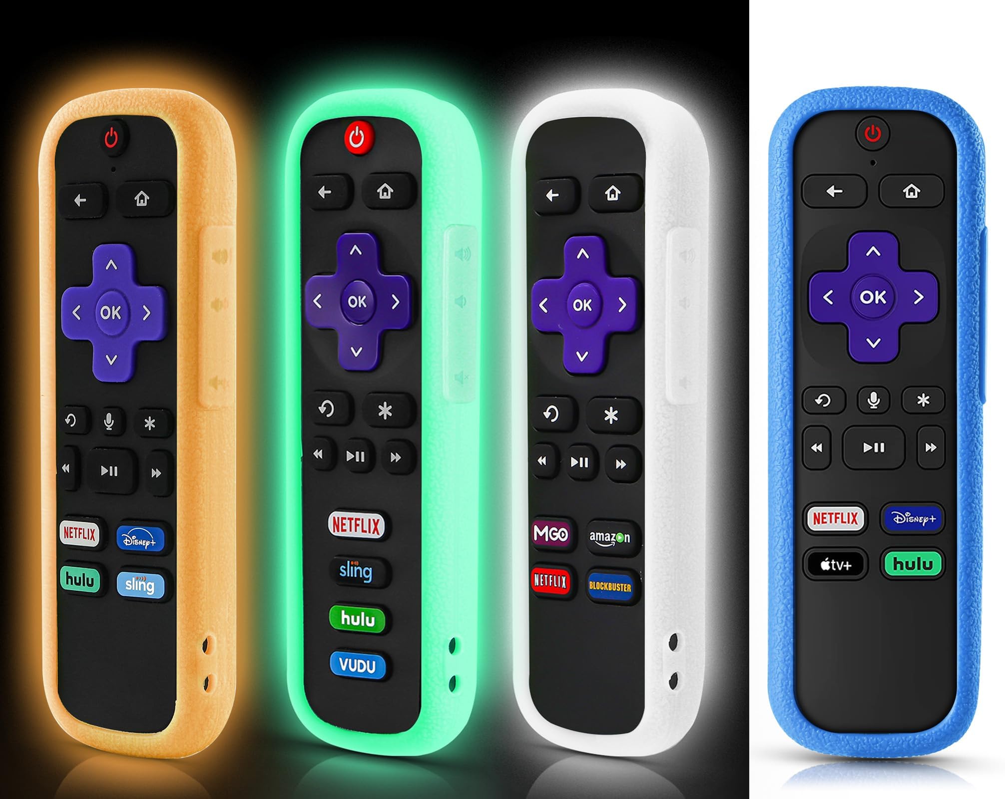 4 Pack Remote Cover for Roku Glow in Dark, White/Orange/Light Green/Blue