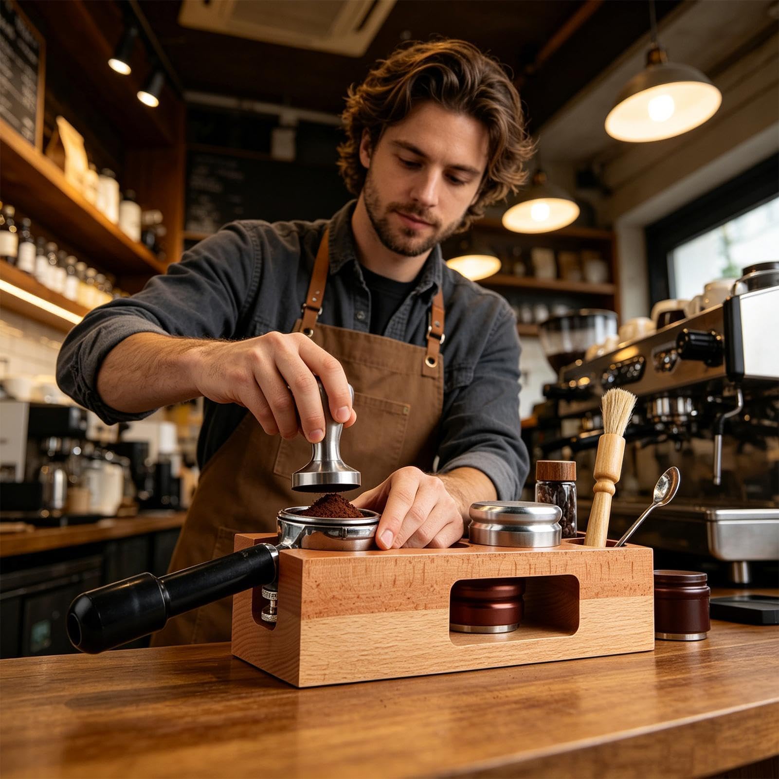 Stacja do tampowania 58 mm Drewniana Naturalna Stacja Wielofunkcyjna | Akcesoria do ekspresu Espresso do kawiarni domu kuchni blatu kącika kawowego porannego codziennego parzenia przechowywania