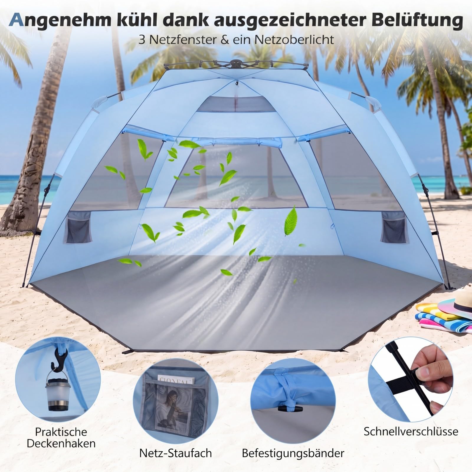 COSTWAY Namiot plażowy Pop Up dla 3-4 osób, namiot plażowy z torbą do przenoszenia, śledziami i 3 kieszeniami na piasek, ochrona przed promieniowaniem UV 50+, ochrona przed słońcem z drzwiami na zamek