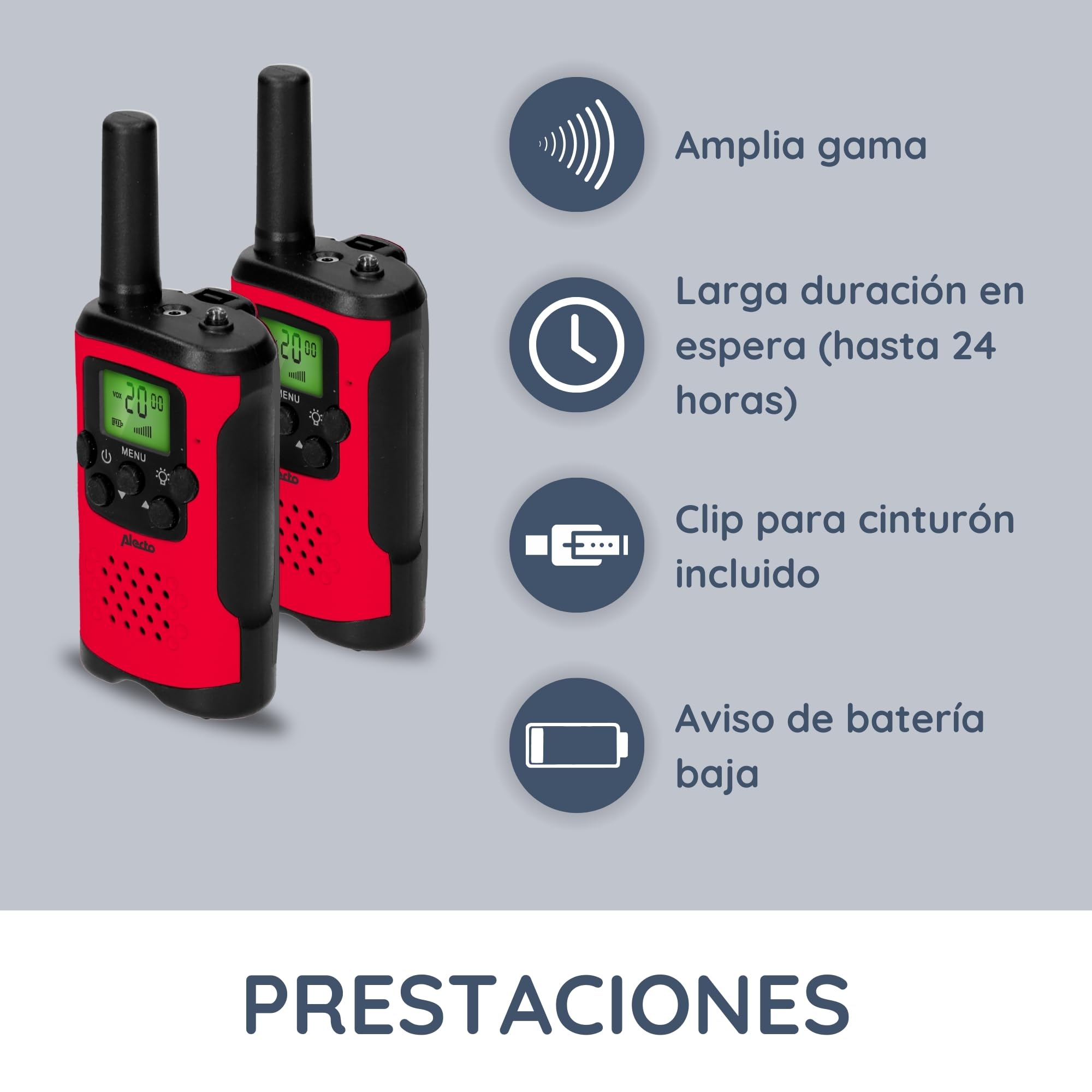 Alecto FR-115RD - Set de Dos Walkie Talkies para niños - Walki Talki con Alcance de hasta 7 kilómetros - Walky Talky 8 Canales - Linterna integrada - Pantalla iluminada - Rojo