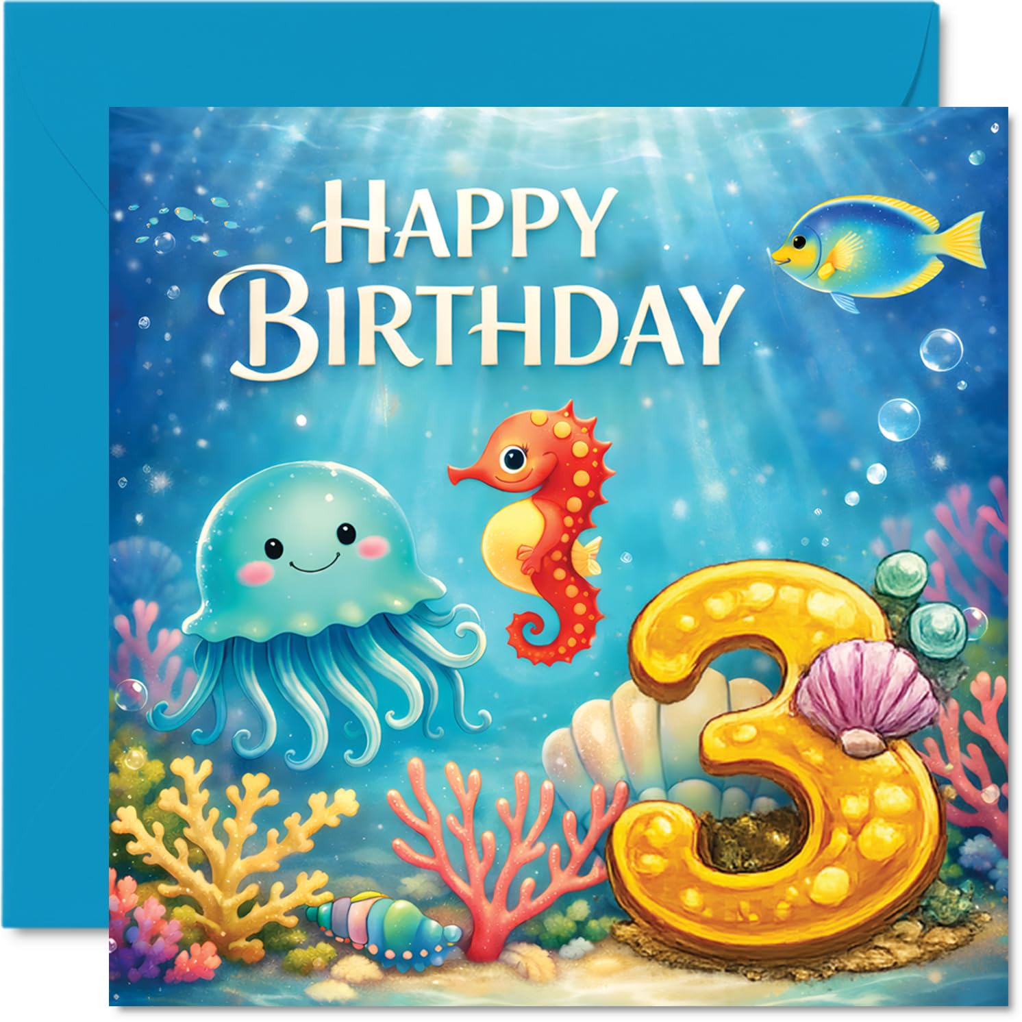 Playful 3rd Birthday Card - Splashes of Birthday Fun - Cheery Underwater Scene with Adorable Sea Creatures - 145mm Square, Envelope Included