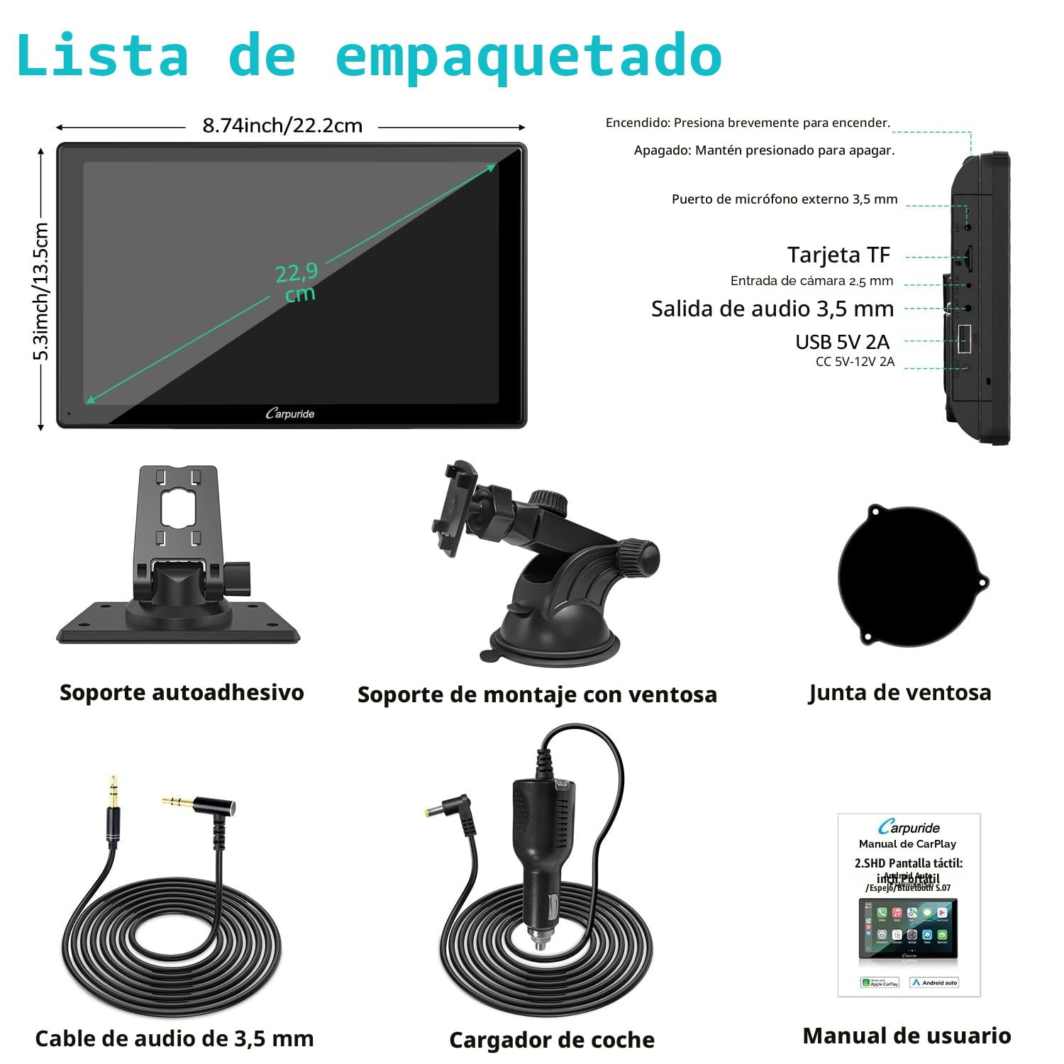 Carpuride V9 - Estéreo portátil para Coche, inalámbrico Carplay y Android Auto, Radio de Pantalla táctil HD 1080P de 9 Pulgadas con BT 5.0, Enlace de Espejo, Soporte de Sentido de luz, Soporte