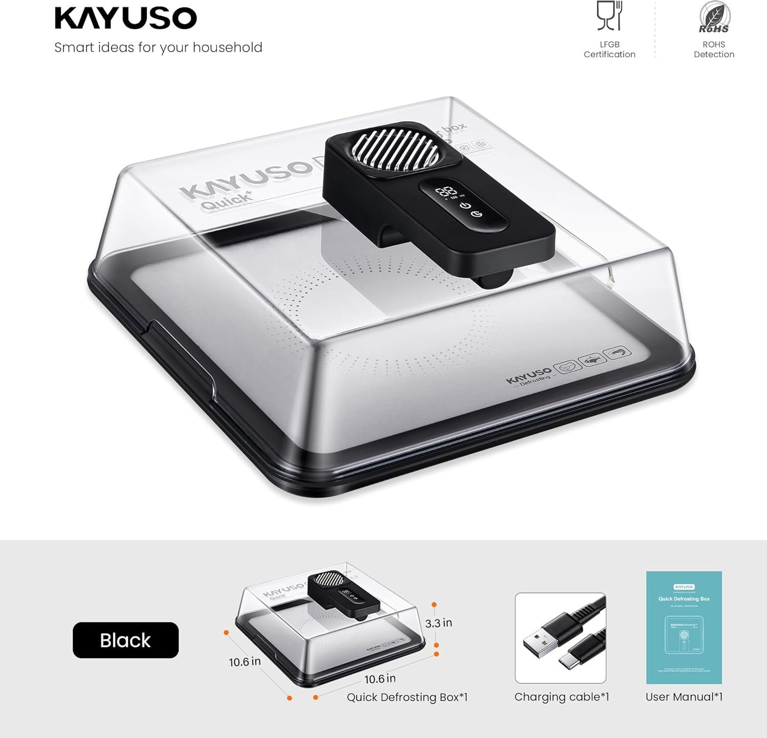 Defrosting Tray for Frozen Meat, USB Rechargeable Meat Defrosting Box with Lid, Aluminum Defrosting Tray BBQ, Airflow Technology, Non Stick Easy to Clean (Black)