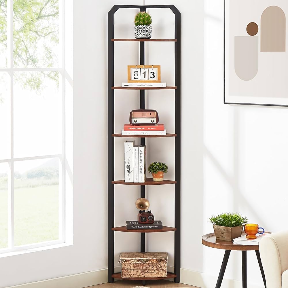 MNEETRUNG Corner Shelf, 6-Tier Industrial Corner Bookshelf