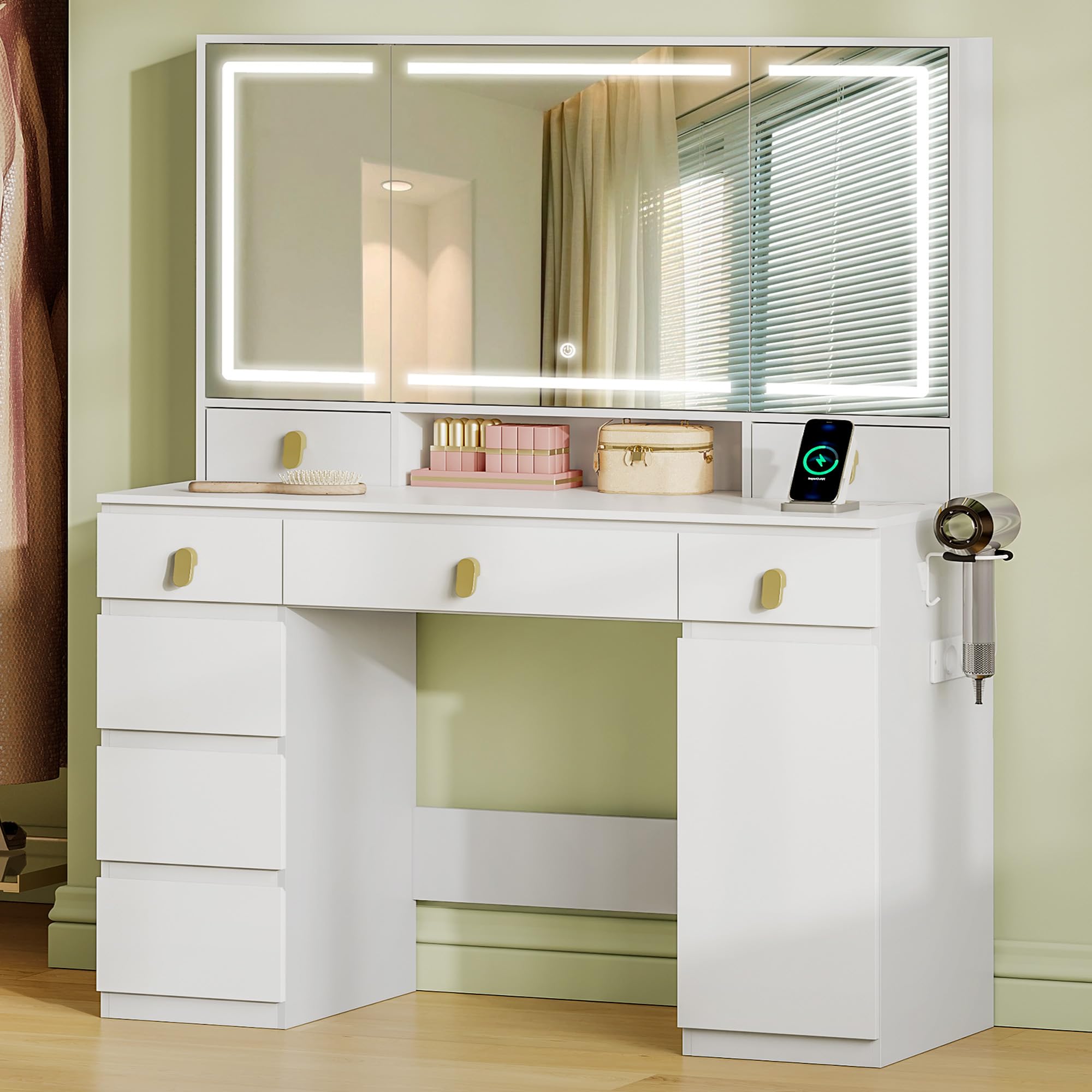 Hzuaneri Toeletta da Trucco Grande con Illuminazione a LED, con Presa e Porta Asciugacapelli, 3 Colori, Luminosità Regolabile, Tavolo da Trucco con Specchio, 8 Cassetti 1 Armadietti, Bianco DT42003XEU