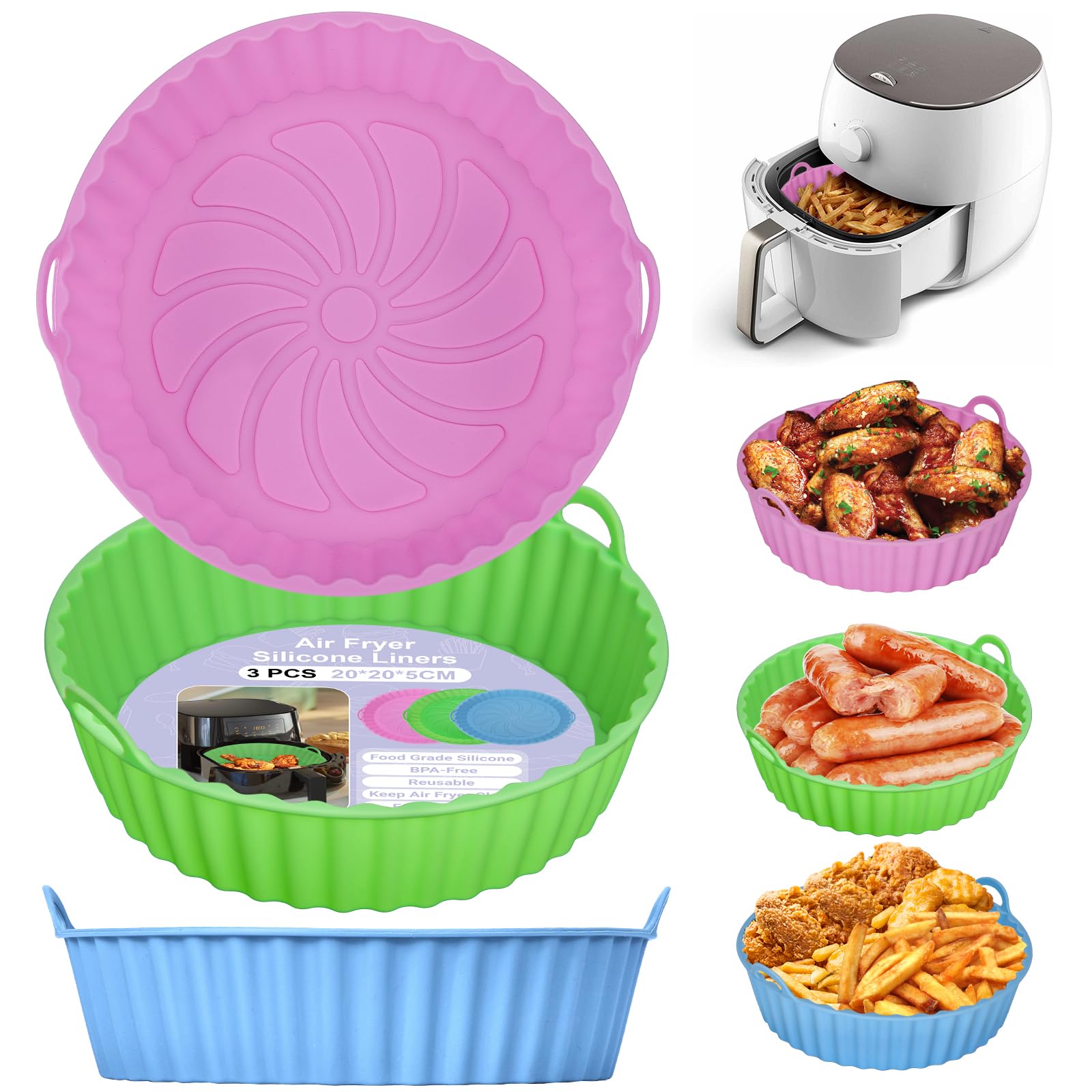Alyvisun Air Fryer Silicone Liners, 3PCS Reusable Airfryer Basket Baking Tray Inserts Versatile Round Rack Pot for Microwave, Oven (Pink+Green+Sky Blue) — image 1
