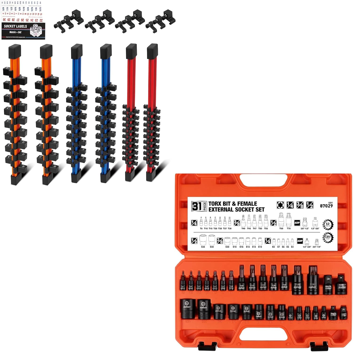 HORUSDY 6Pcs Double Sided Socket Organizer and 31Pcs Torx Bit Socket Set
