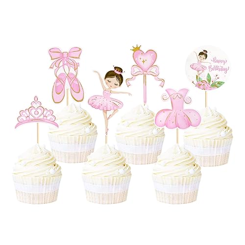 Ercadio Paquete de 24 decoraciones de tutú de bailarina para cupcakes de ballet para niña, decoración de ballet, feliz cumpleaños, decoración de