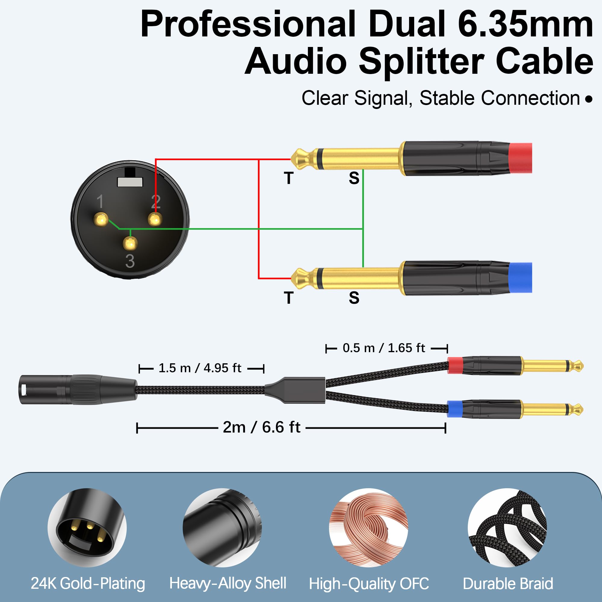 Cable divisor XLR macho a doble TS Y de 1/4 pulgadas de 6 pies, cable adaptador de micrófono trenzado de doble blindaje, XLR equilibrado a 2 mono TS de 1/4 pulgadas para mezclador, amplificador