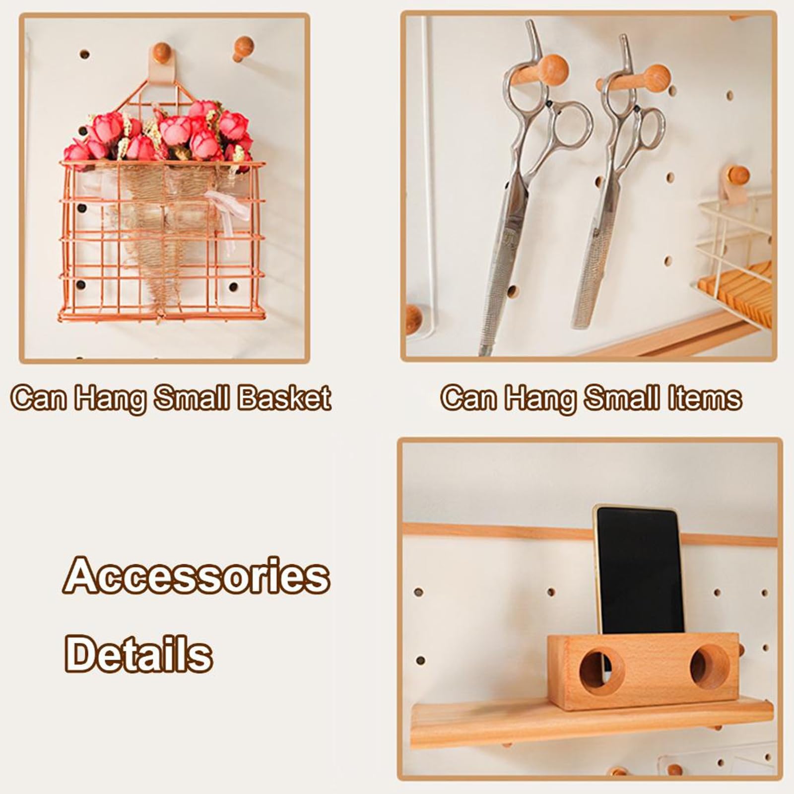 Wandmontierte Lochwand mit Zubehör, Holz-Organizer-Display für Schlafzimmer, Zuhause, Büro, Bastelraum, Hängende Hölzerne Pegboard