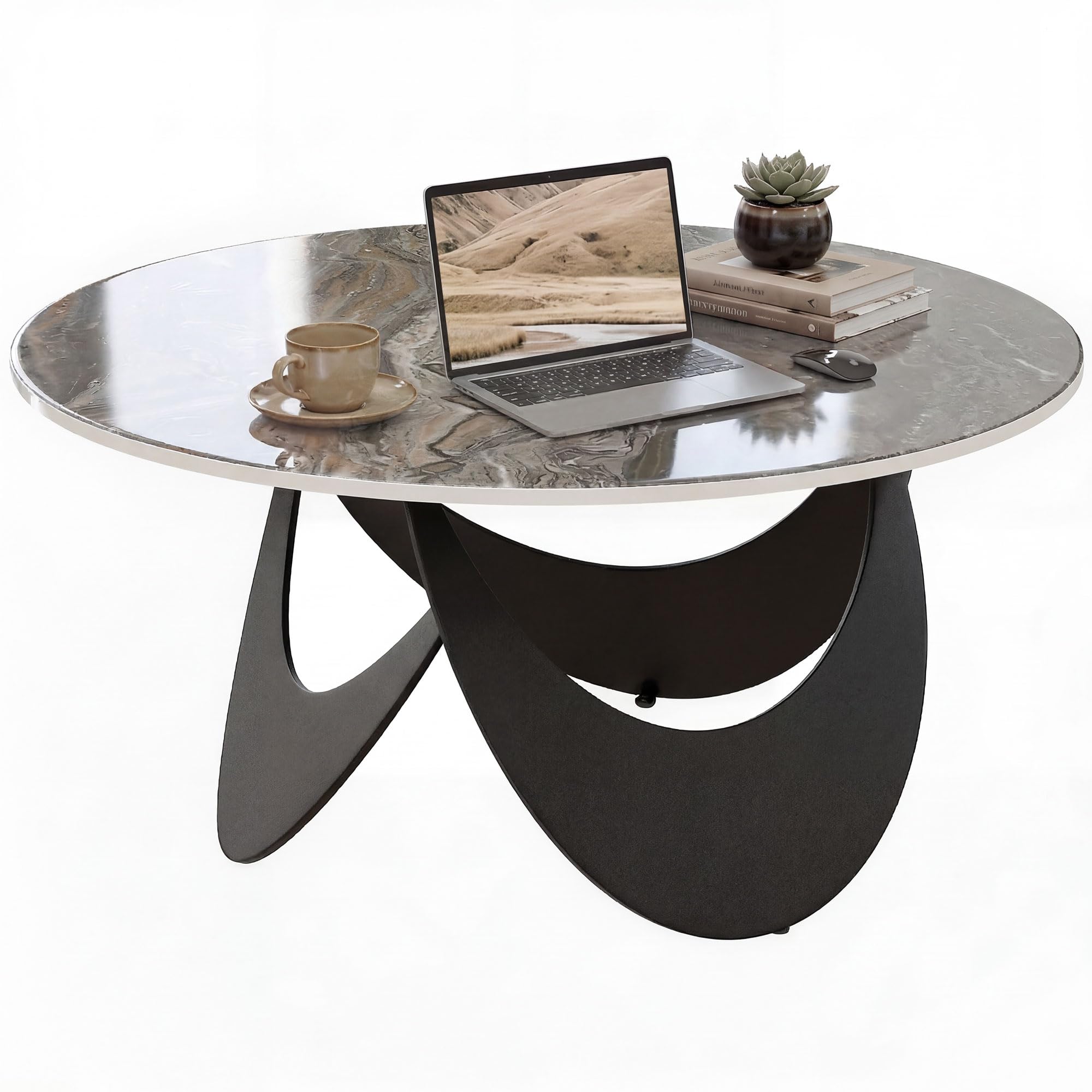 HOMCOM Modern Coffee Table, Living Room Table with Sintered Stone Top and Adjustable Foot Pads for Living Room, Brown and Black