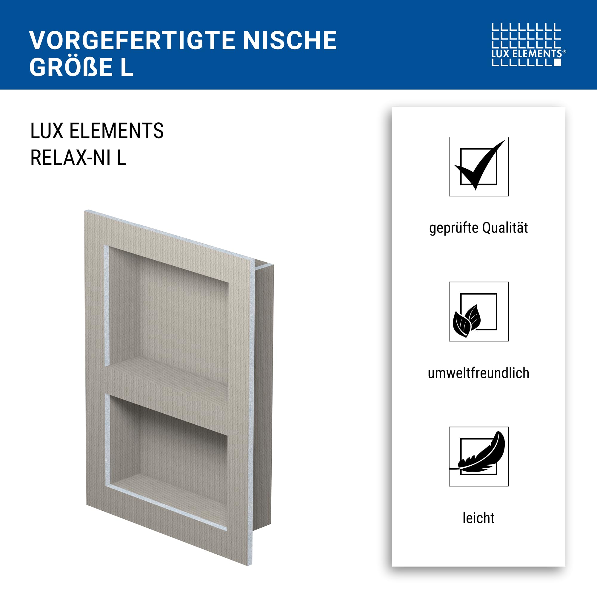 LUX ELEMENTS Wandnische Dusche Fertig zum Verfliesen 55,9 x 40,6cm I Vorgefertigte Duschnische aus Hartschaum I Platzsparende Ablagemöglichkeit in Dusche & Bad