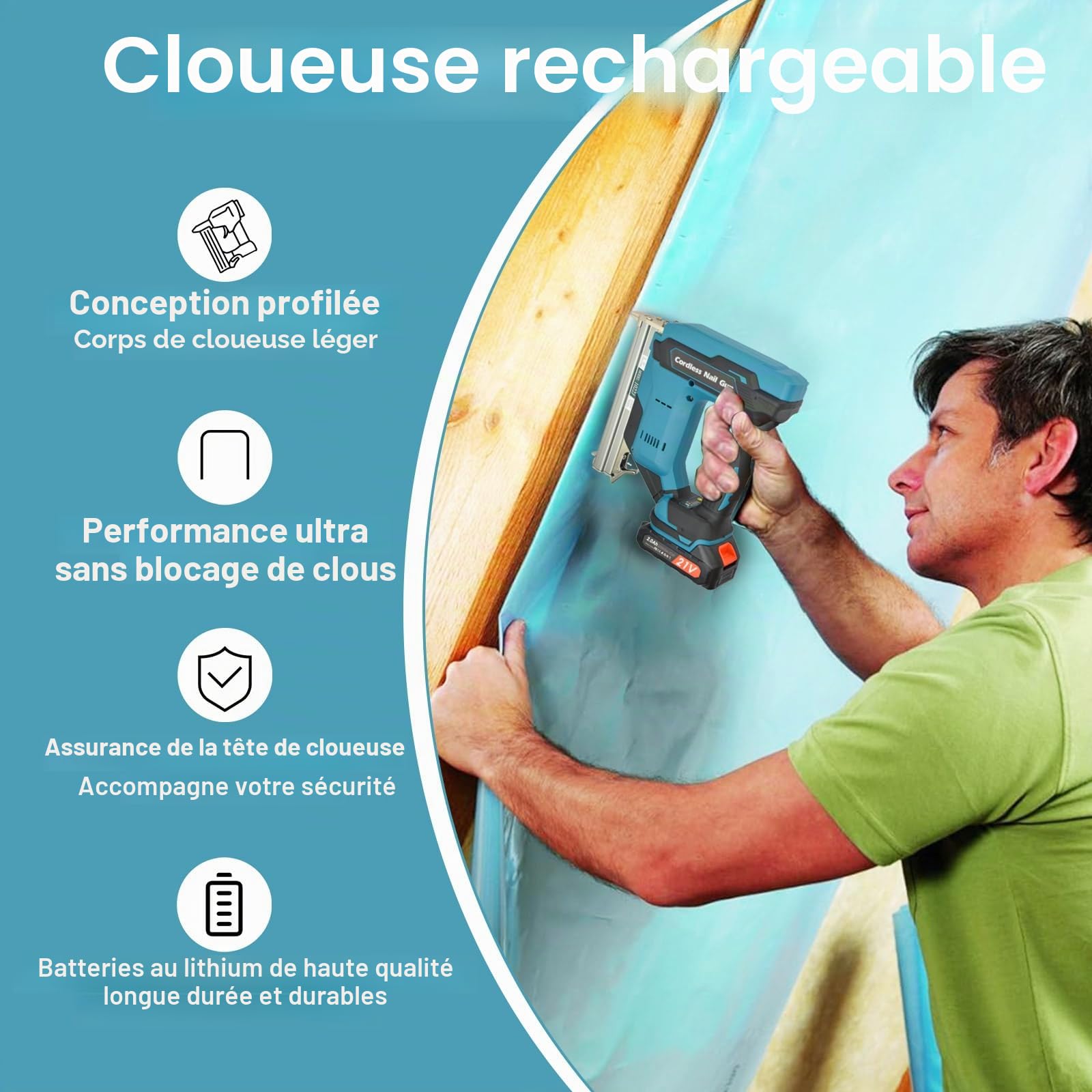 cloueuse electrique sans fil: agrafeuse electrique avec 2 x 2.0Ah Batterie Li-ion, cloueuse sans fil avec 6000 Clous pour les projets de Tapisserie d'ameublement, de Menuiserie et de Travail du bois