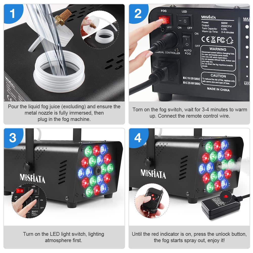 Smoke Machine, MOSFiATA Fog Machine with 18 RGB LED Lights Effect, 600W and 2300CFM Fog with 1 Wired Receiver and 2 Wireless Remote Controls, Perfect for Wedding, Halloween, Party and Stage Effect