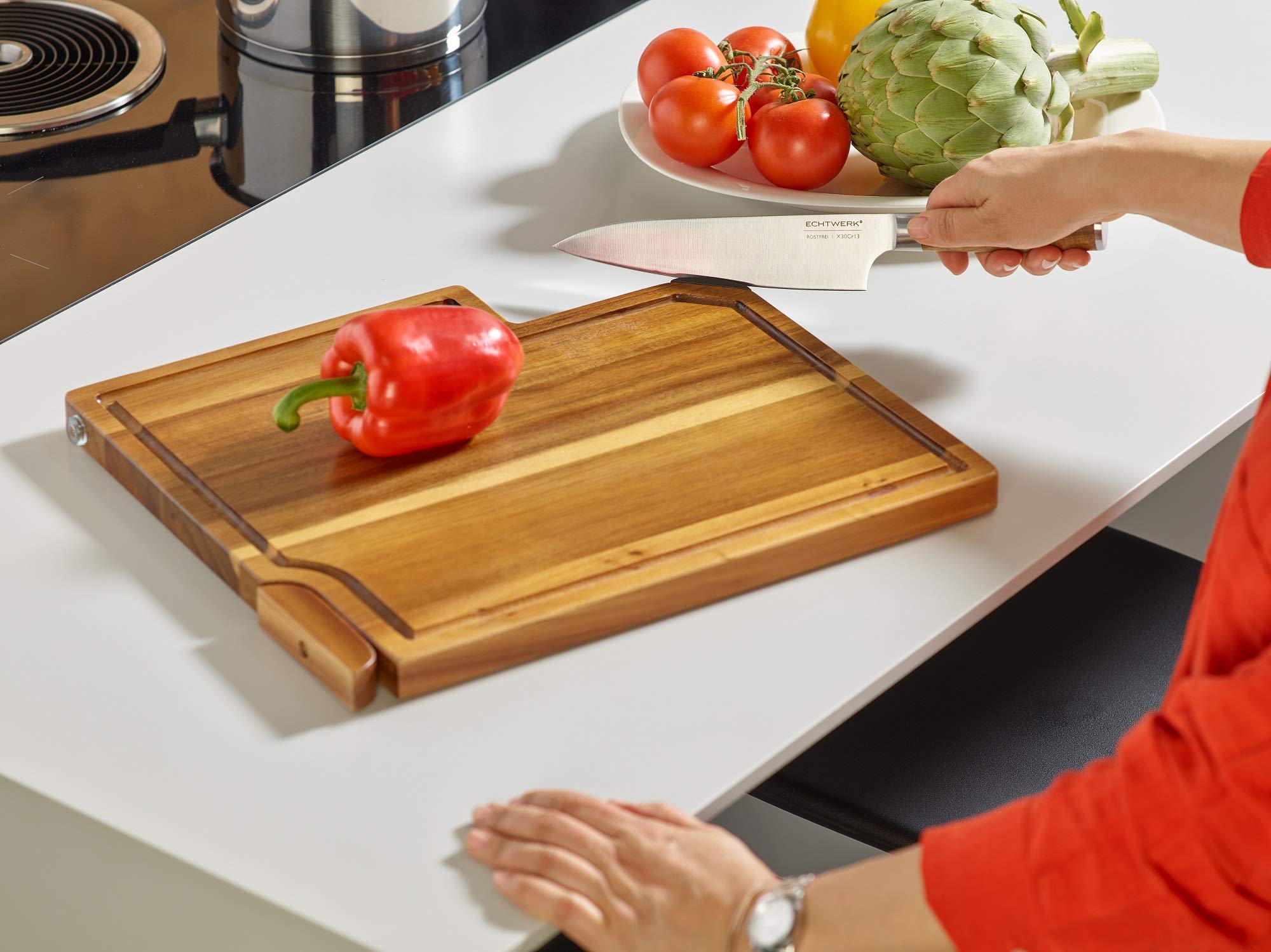 Echtwerk Juego de Cuchillos 3 en I con Tabla de Cortar de Madera de Acacia con afilador de Cuchillos Integrado