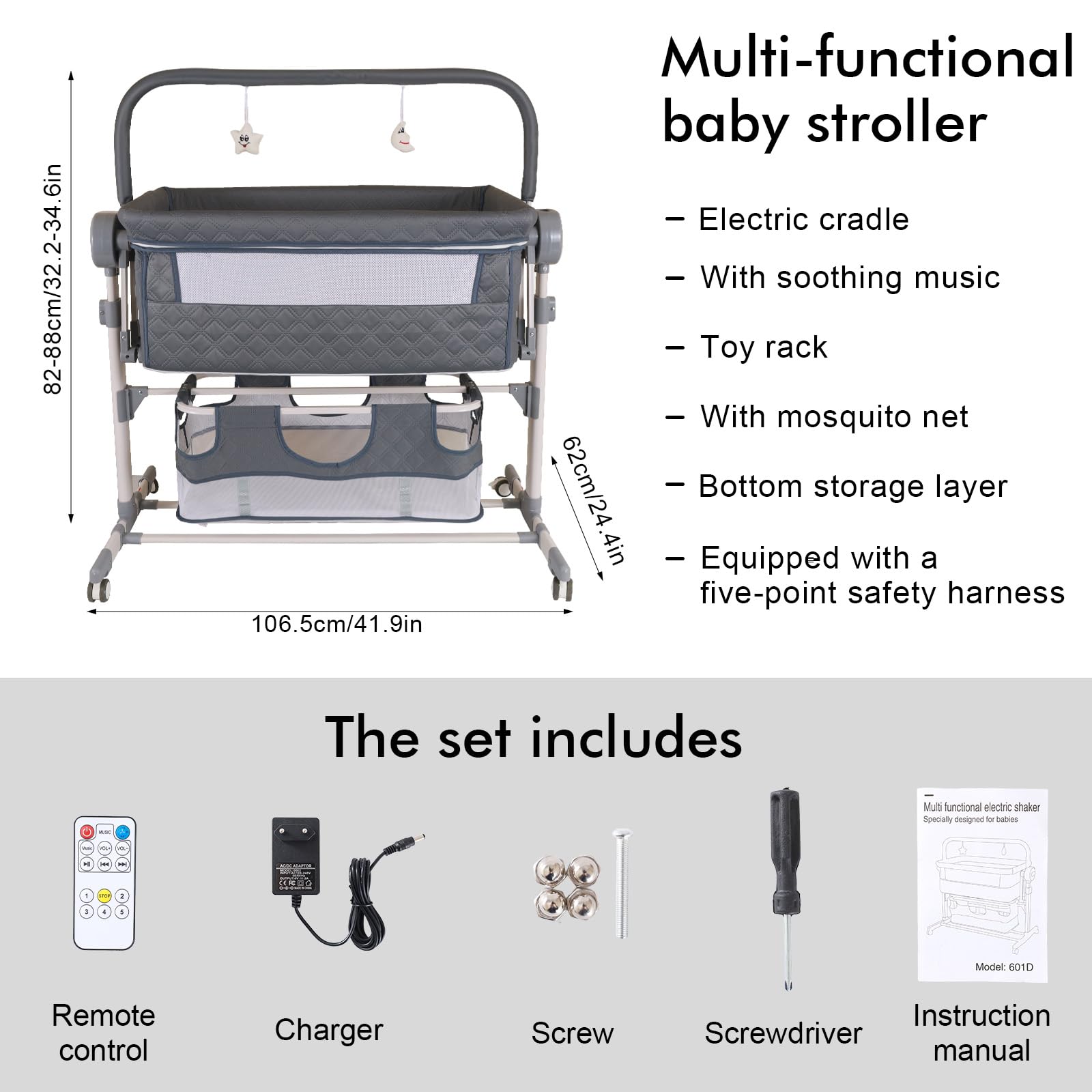 Culla Neonato Elettrica Bluetooth Smart Baby con Musica, Oscillazione parallela, Culla Pieghevole e Convertibile, Lettino per Neonati Regolabile con Telecomando e Ruote (608 Grigio)