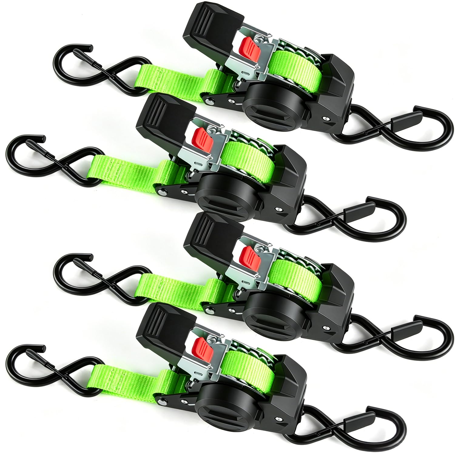 Correas de trinquete autoenrollables 3m x 25mm | 4 Piezas con Ganchos en S, 750kg Carga de Rotura | Cnchas de Amarre automáticaspara Moto, Remolque, camión - Verde