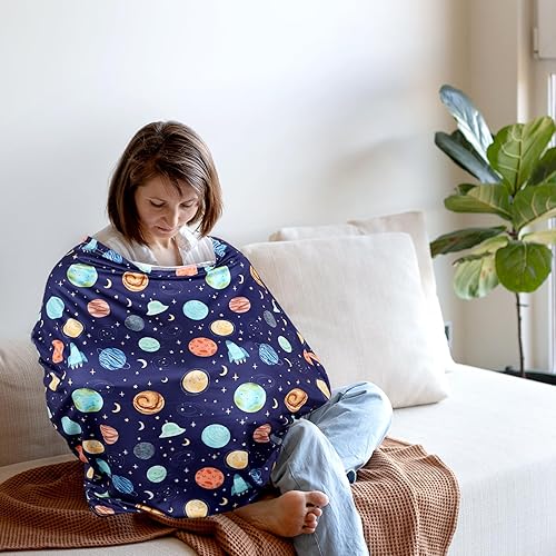 Miniatura 6 de ManFaiSky - Funda de asiento de coche para bebé, elástica, para niños, funda de lactancia multiusos para cochecito, planetas