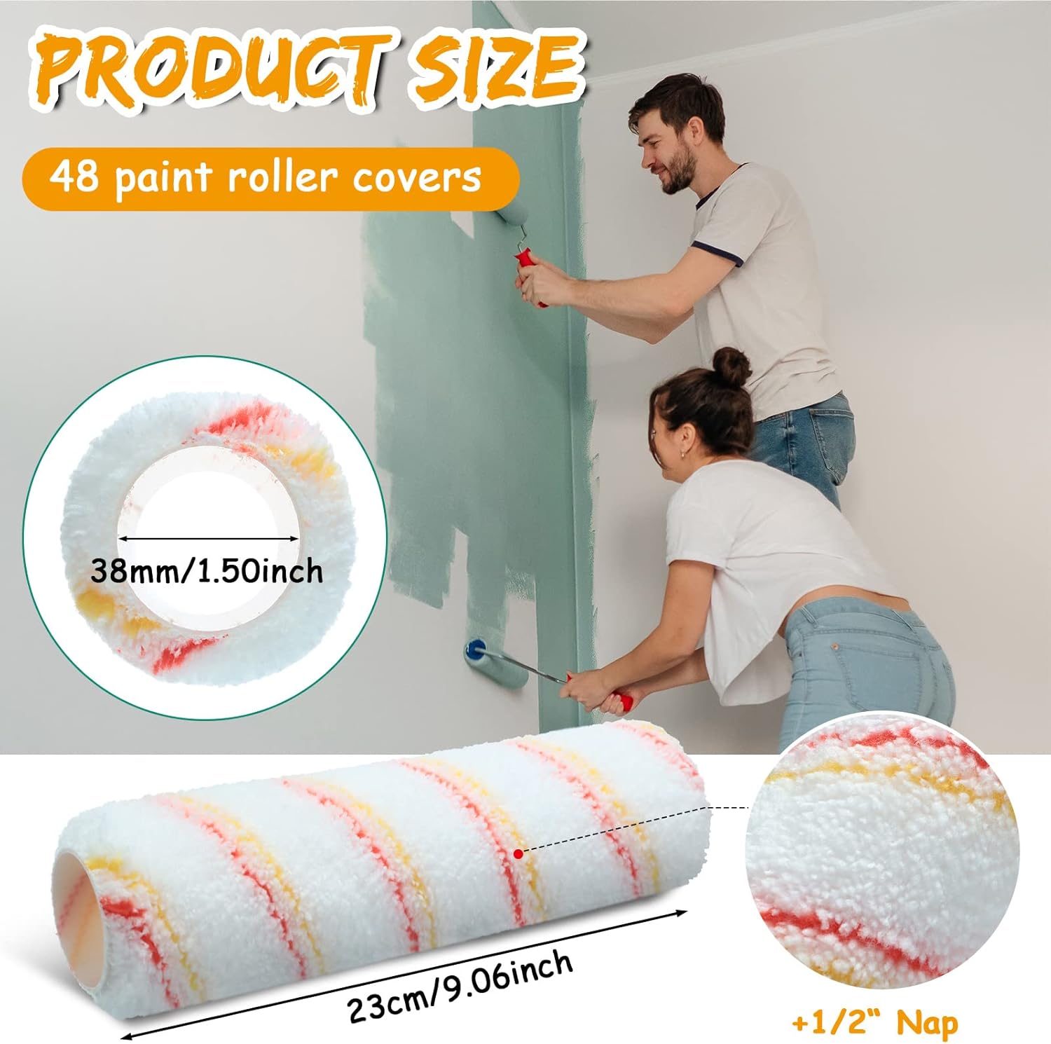 Irenare 48 Pack Paint Roller Covers 9 x 1/2 Inch Microfiber Paint Roller Covers Large Polyester Naps for Painting Walls Ceilings Home Painting Supplies (Yellow,Red)