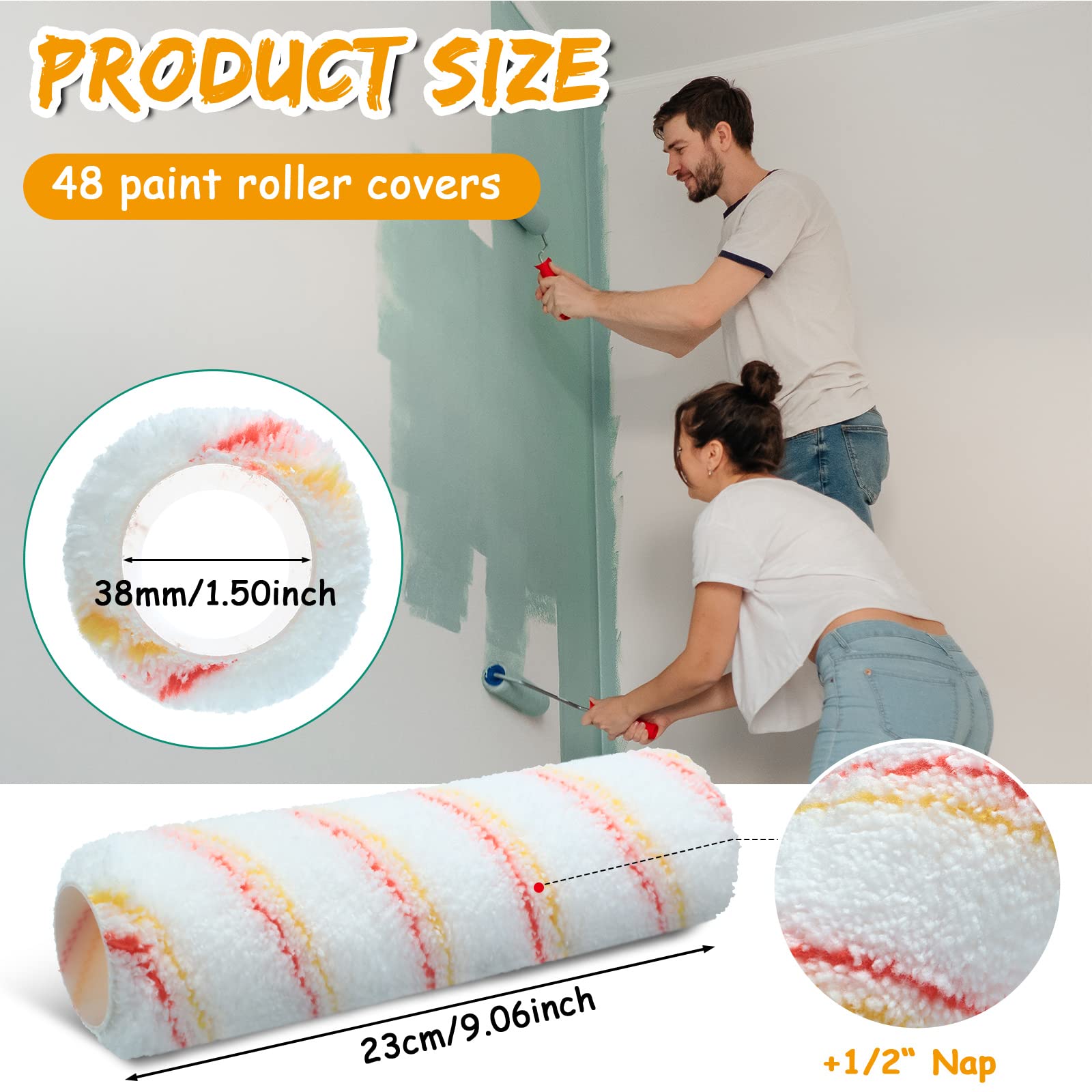 Coperture per rulli di vernice 20 x 7,8 cm, in microfibra, per pittura a rullo per pareti e soffitti, forniture per la pittura domestica (giallo, rosso, confezione da 48 pezzi)